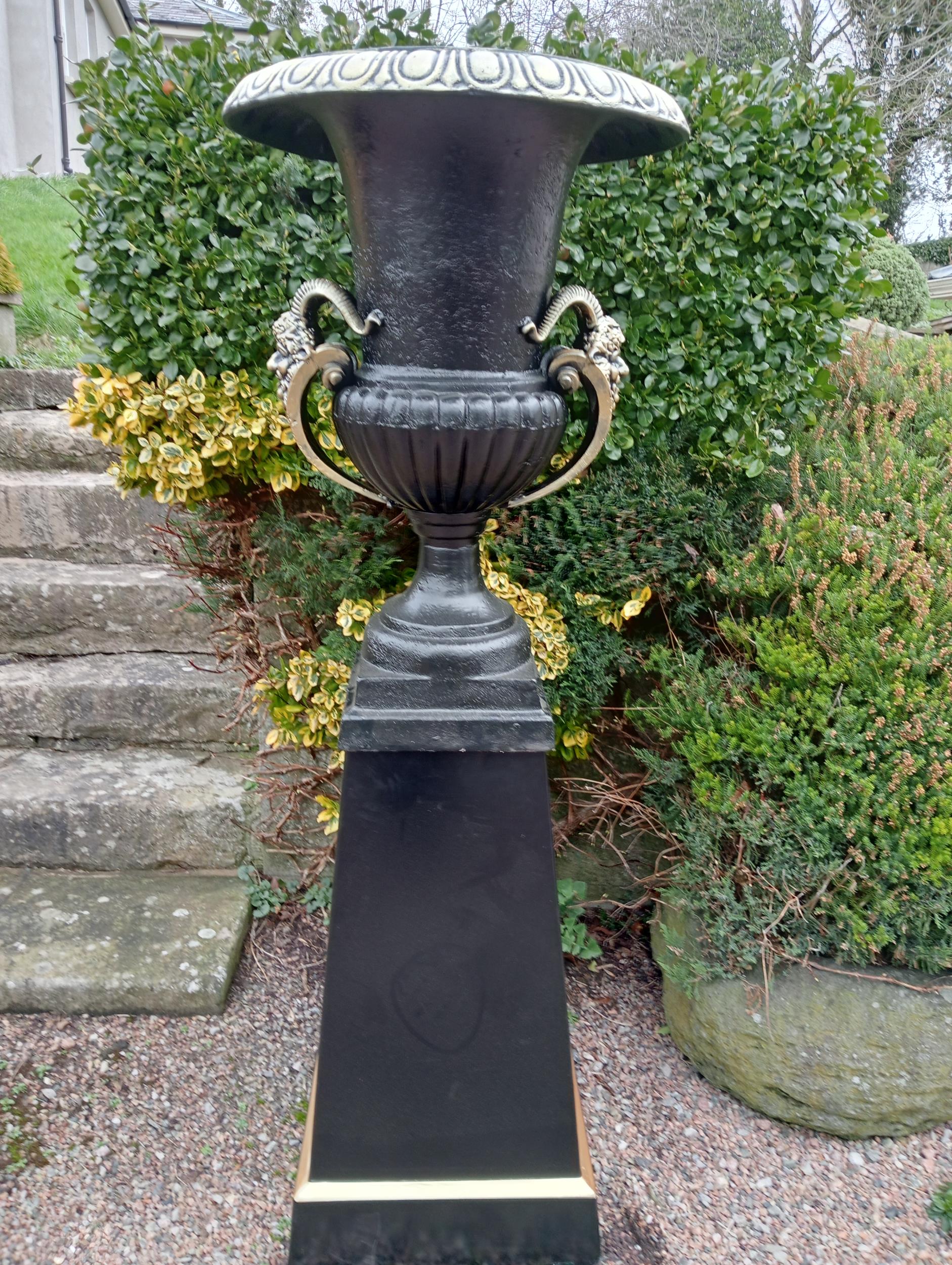 Pair of cast iron urns and bases {H. 185cm x Dia 66cm Base H 93cm x 53 x 53}. (NOT AVAILABLE TO VIEW - Image 5 of 6