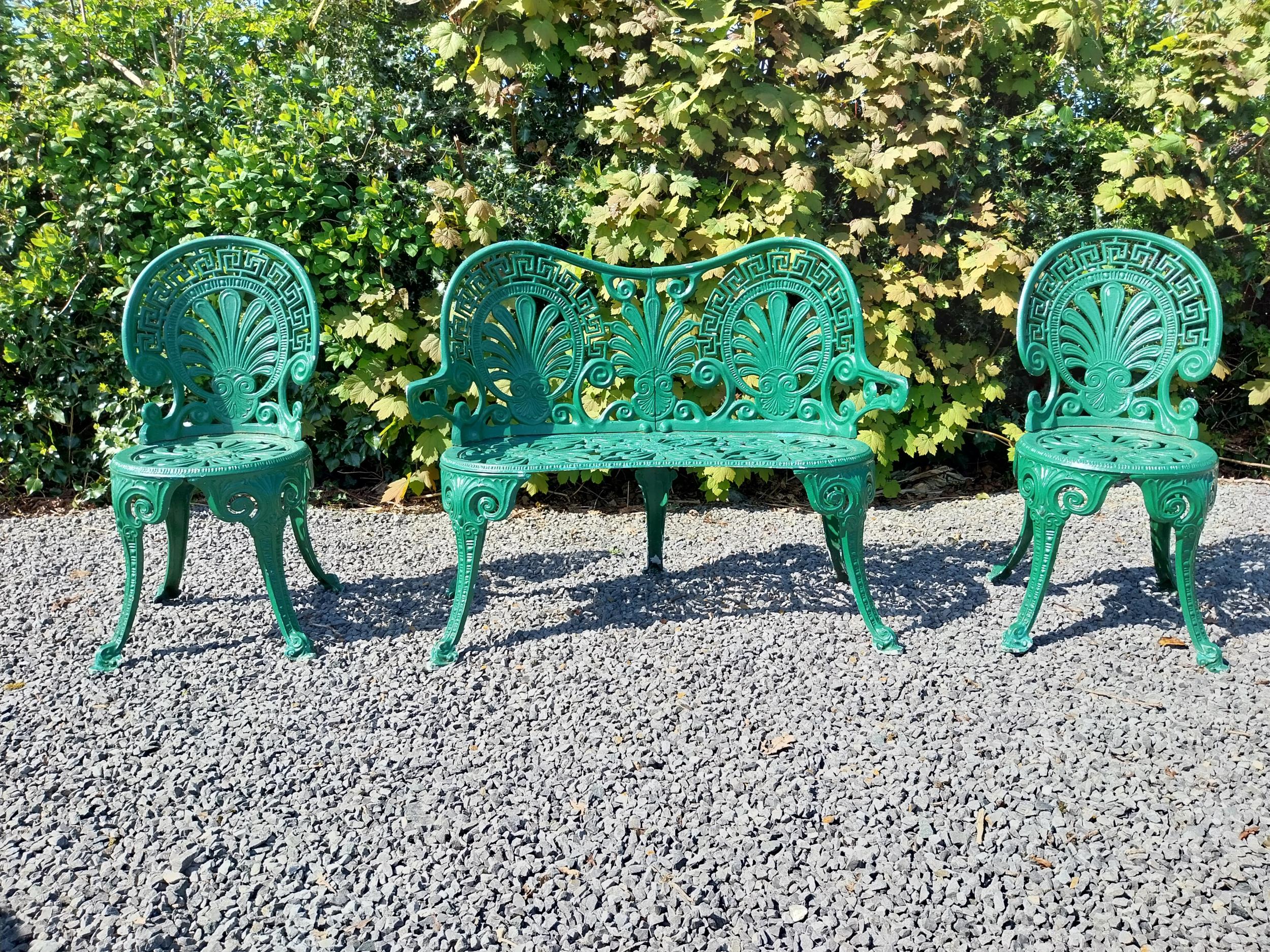 Decorative painted aluminium garden bench and two matching chairs in the Coalbrookdale style {
