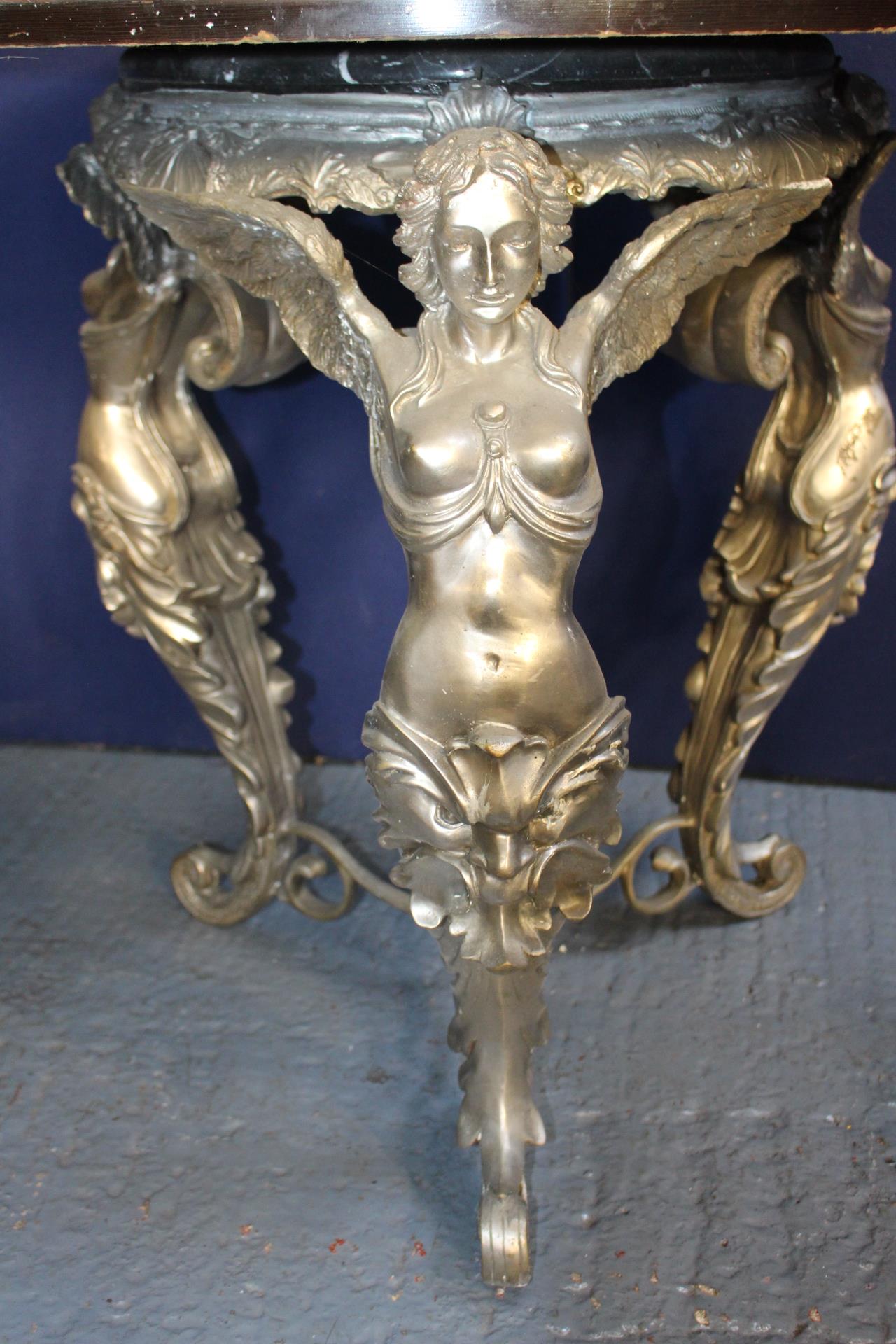 Bronze circular garden table with marble round top raised on three decorative Angel legs {H 84cm x D - Image 3 of 4