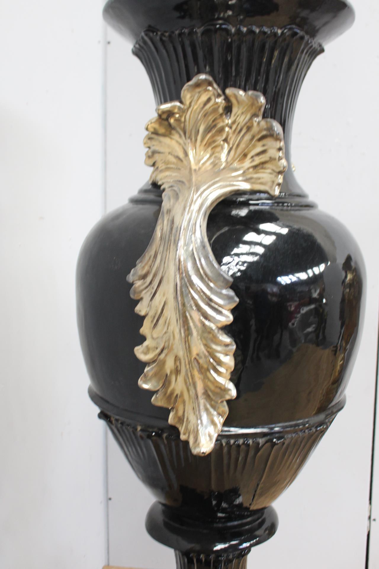 Ornate gold and black Italian hand painted urn raised on base decorated with Acanthus leaves{H 180cm - Image 2 of 3