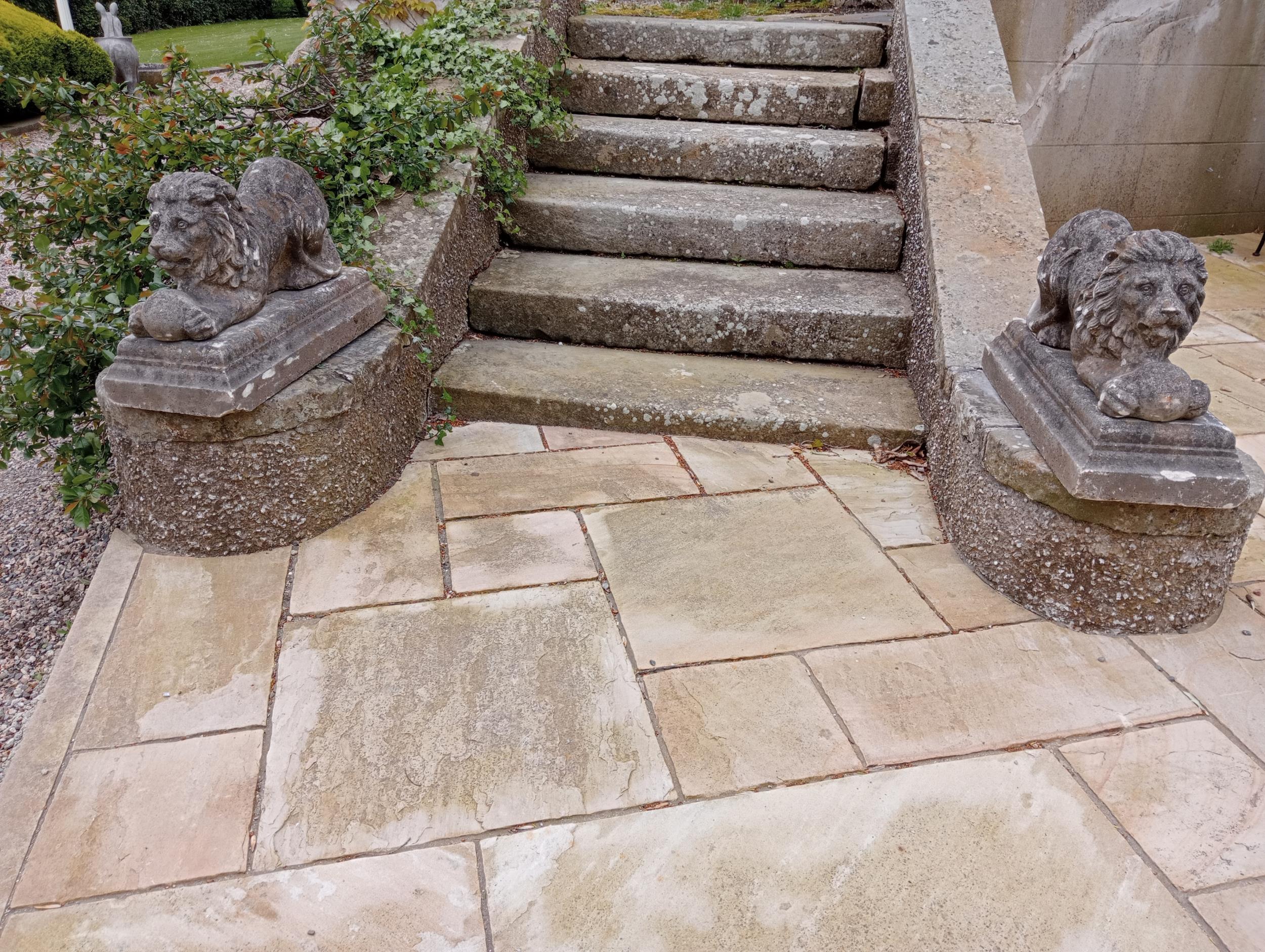Pair of stone lions with balls at feet {H 45cm x W 28cm x D 66cm}. (NOT AVAILABLE TO VIEW IN
