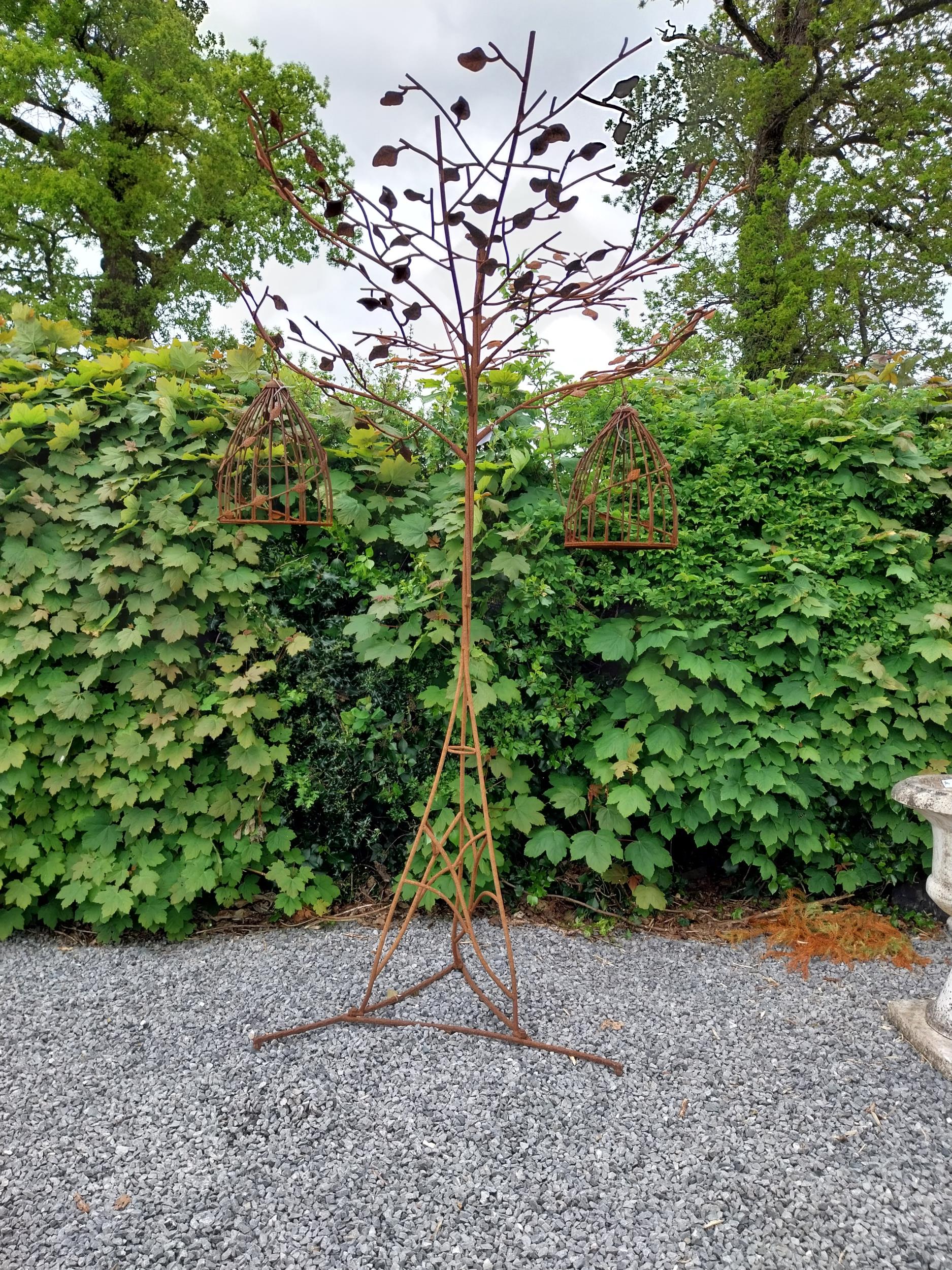 Decorative wrought iron bird feeder in the form of a tree and two hanging bird cages {224 cm H x 135 - Image 2 of 12