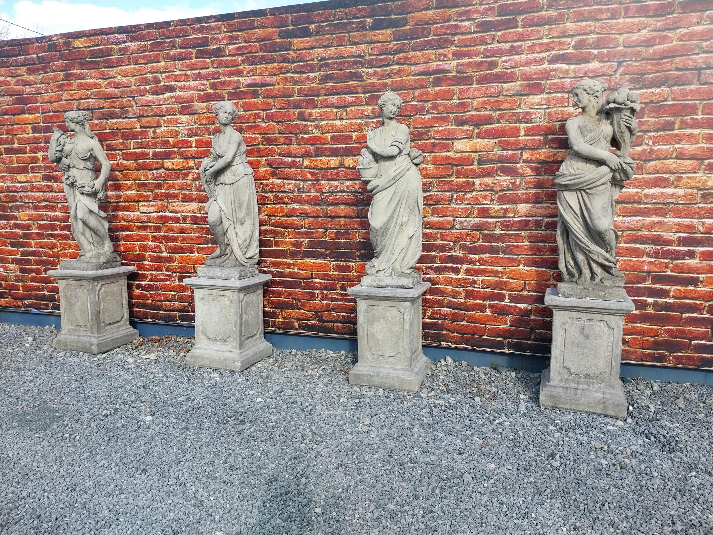 Good quality moulded sandstone Four Seasons statues raised on pedestals {189 cm H x 47 cm W x 47 - Image 2 of 26