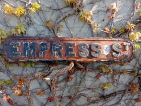 Cast iron Street sign Empress St {H 18cm x W 91cm }. (NOT AVAILABLE TO VIEW IN PERSON)