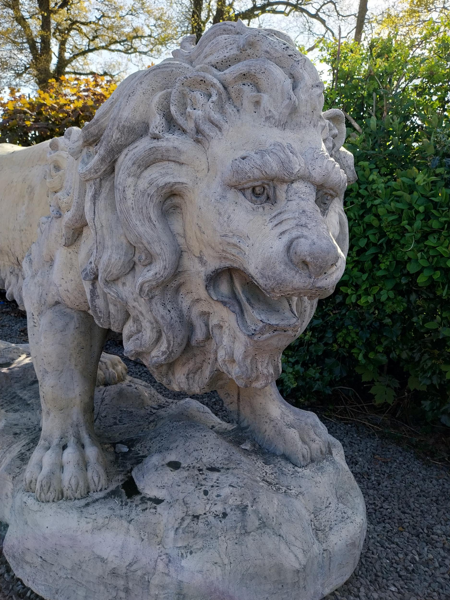 Pair of exceptional quality moulded sandstone majestic Lions {132 cm H x 210 cm W x 80 cm D}. - Image 6 of 16