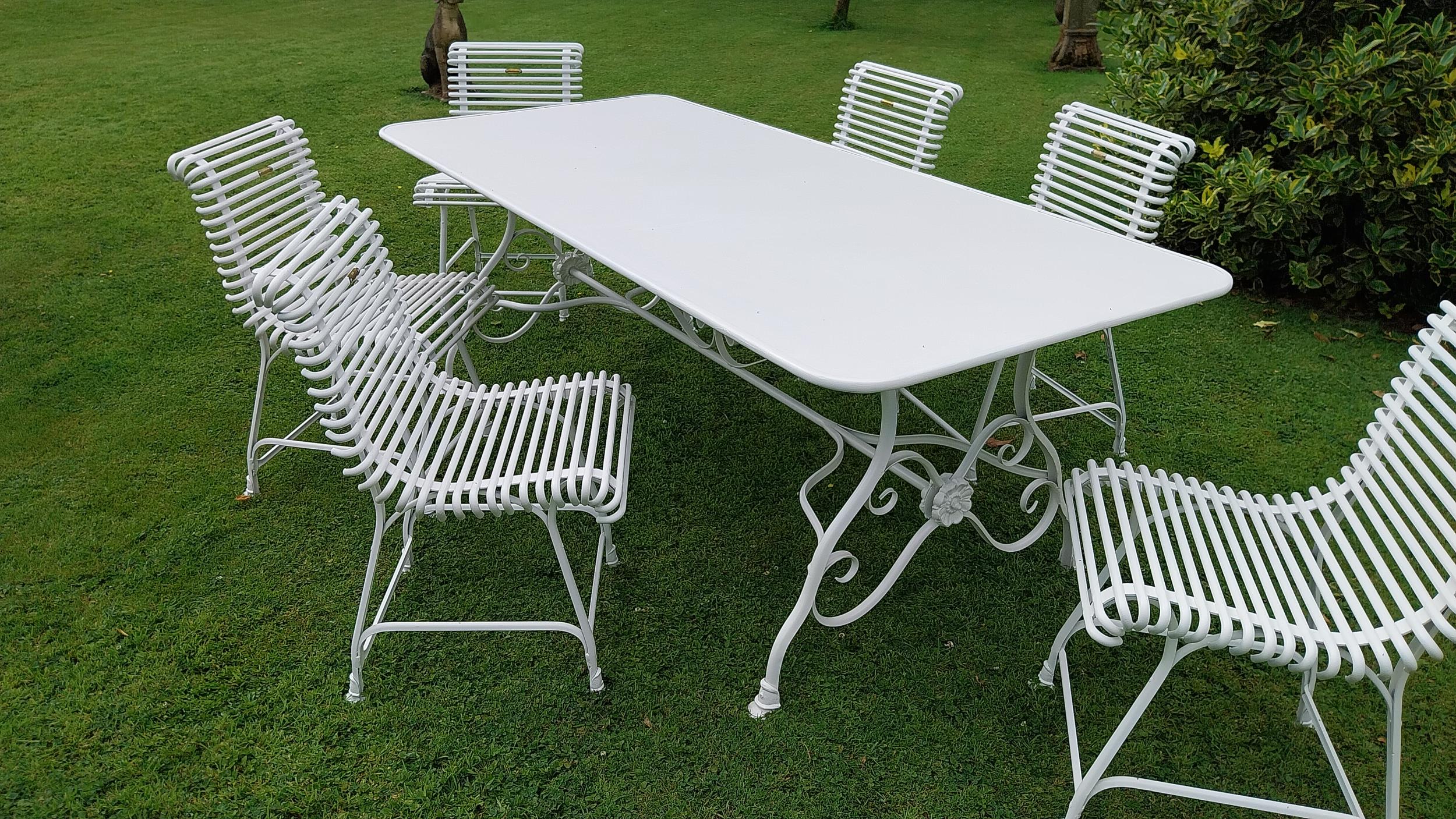 Exceptional quality hand forged wrought iron Arras style garden table and six matching ladder back - Image 5 of 9