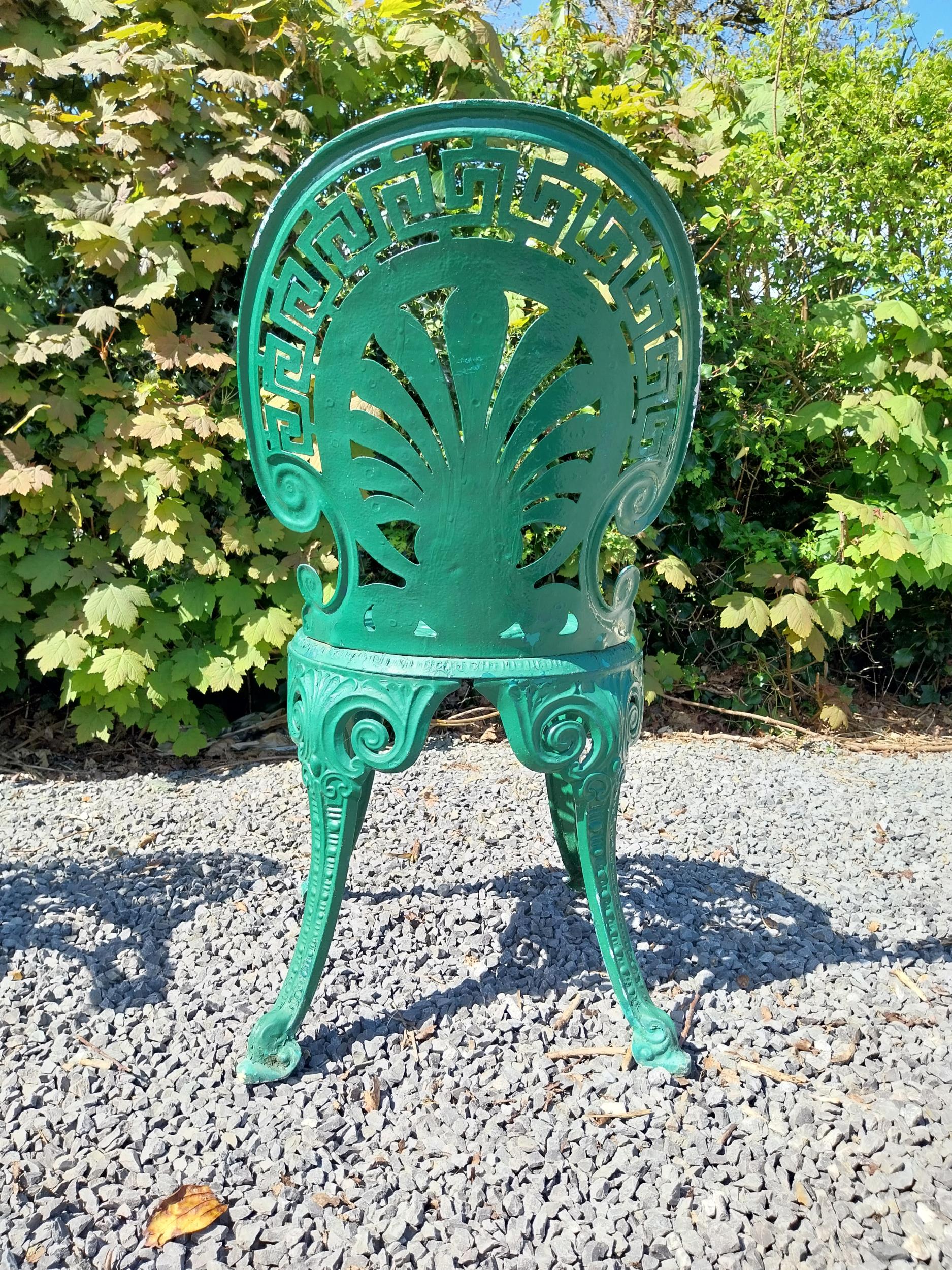 Decorative painted aluminium garden bench and two matching chairs in the Coalbrookdale style { - Image 7 of 10