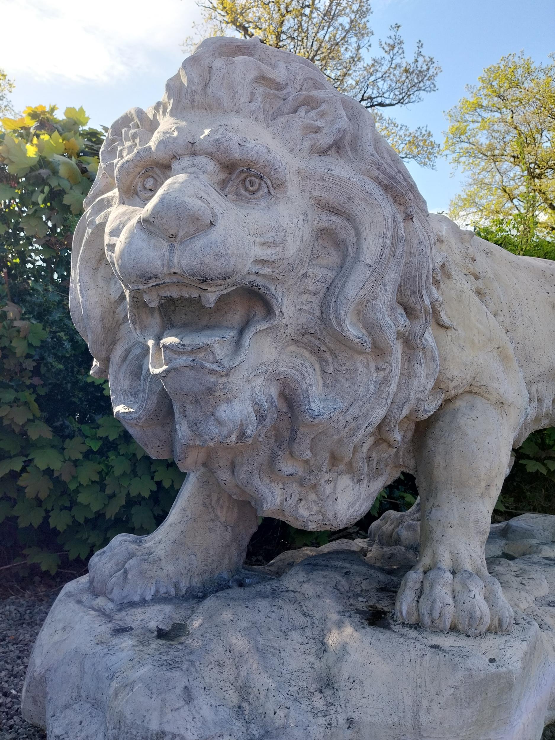 Pair of exceptional quality moulded sandstone majestic Lions {132 cm H x 210 cm W x 80 cm D}. - Image 12 of 16