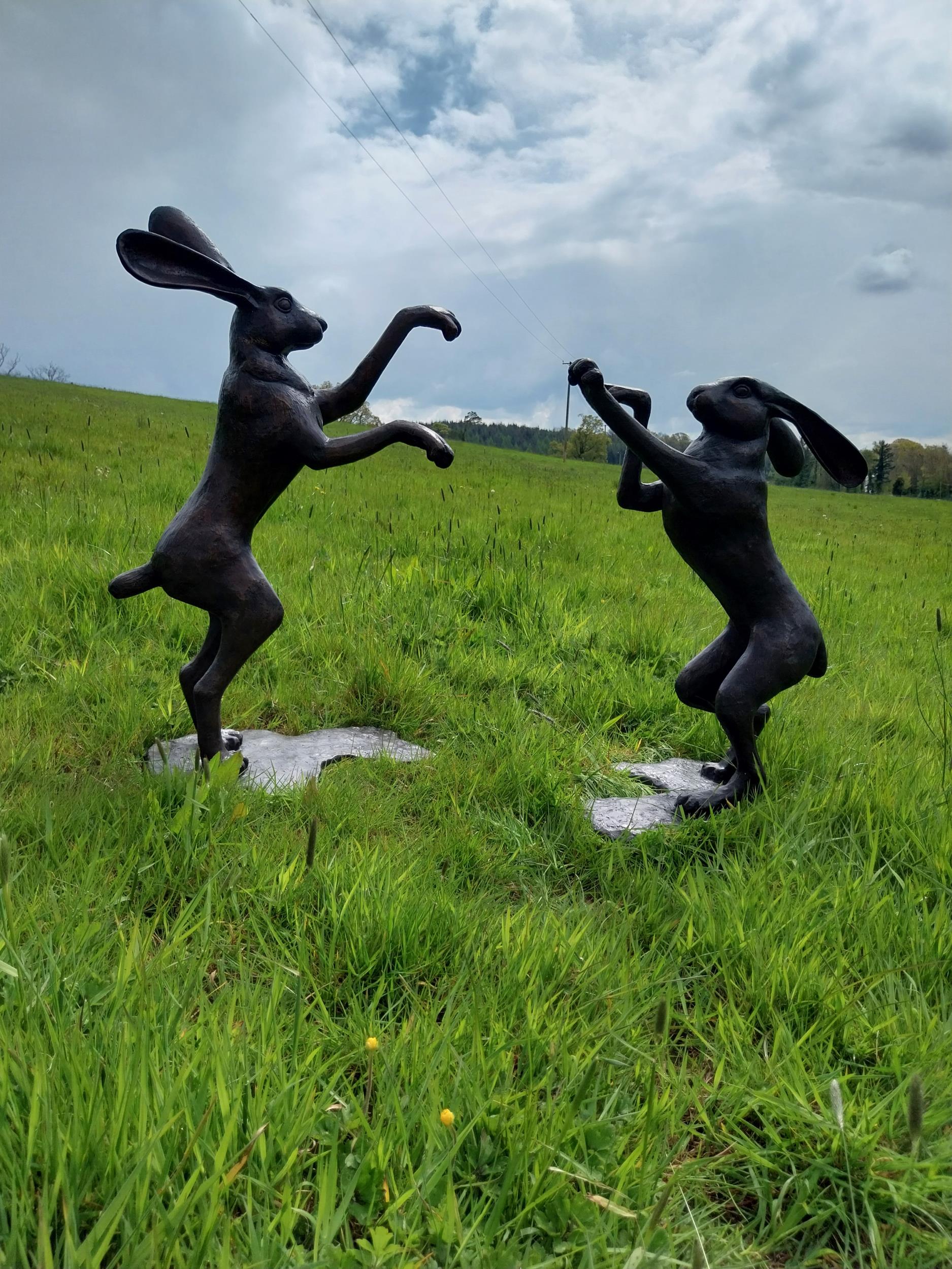Exceptional quality bronze statues of Boxing Hares - Image 2 of 8