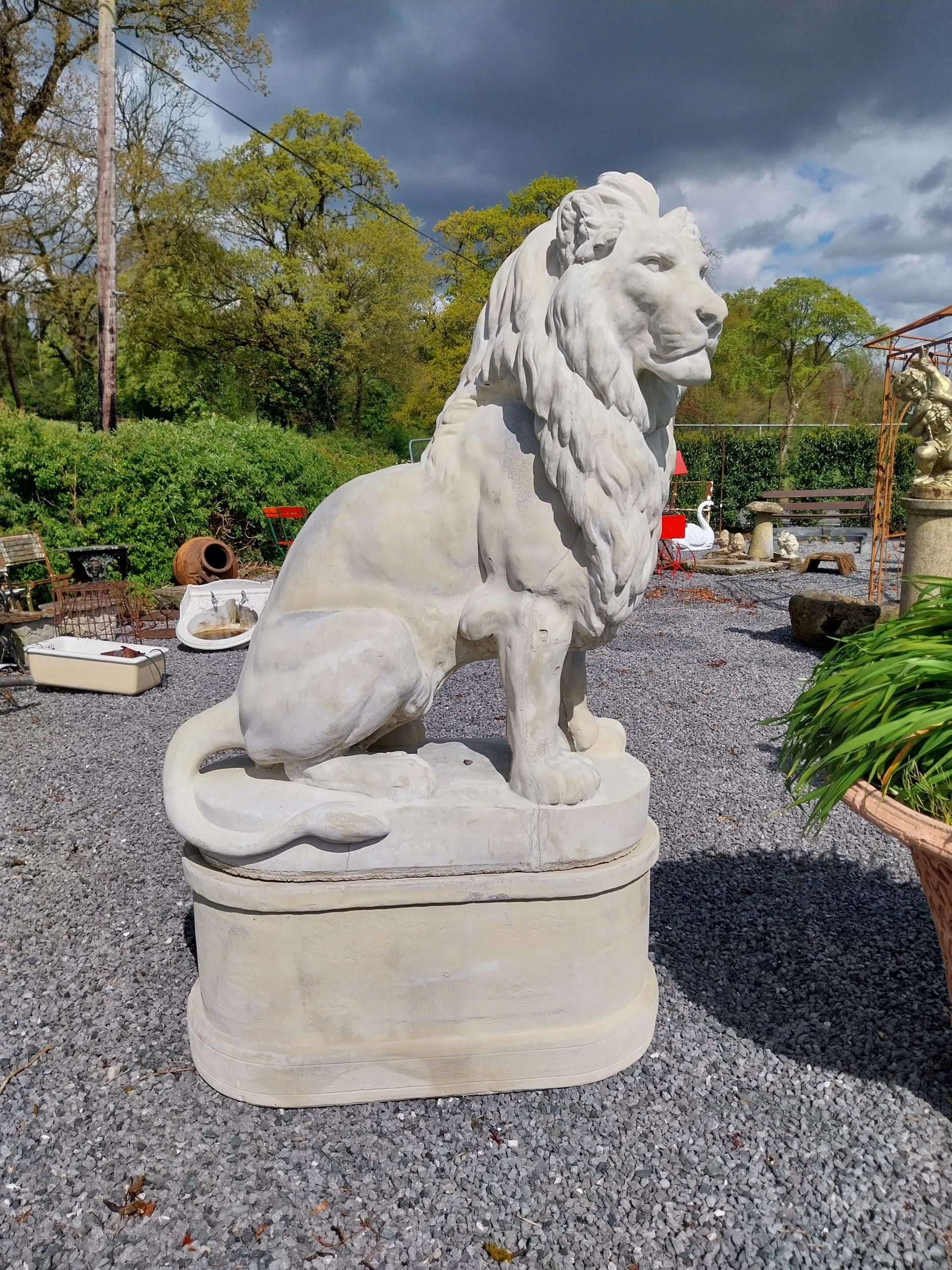 Pair of good quality moulded stone statues of seated Lions raised on pedestals {185 cm H x 123 cm - Image 4 of 16