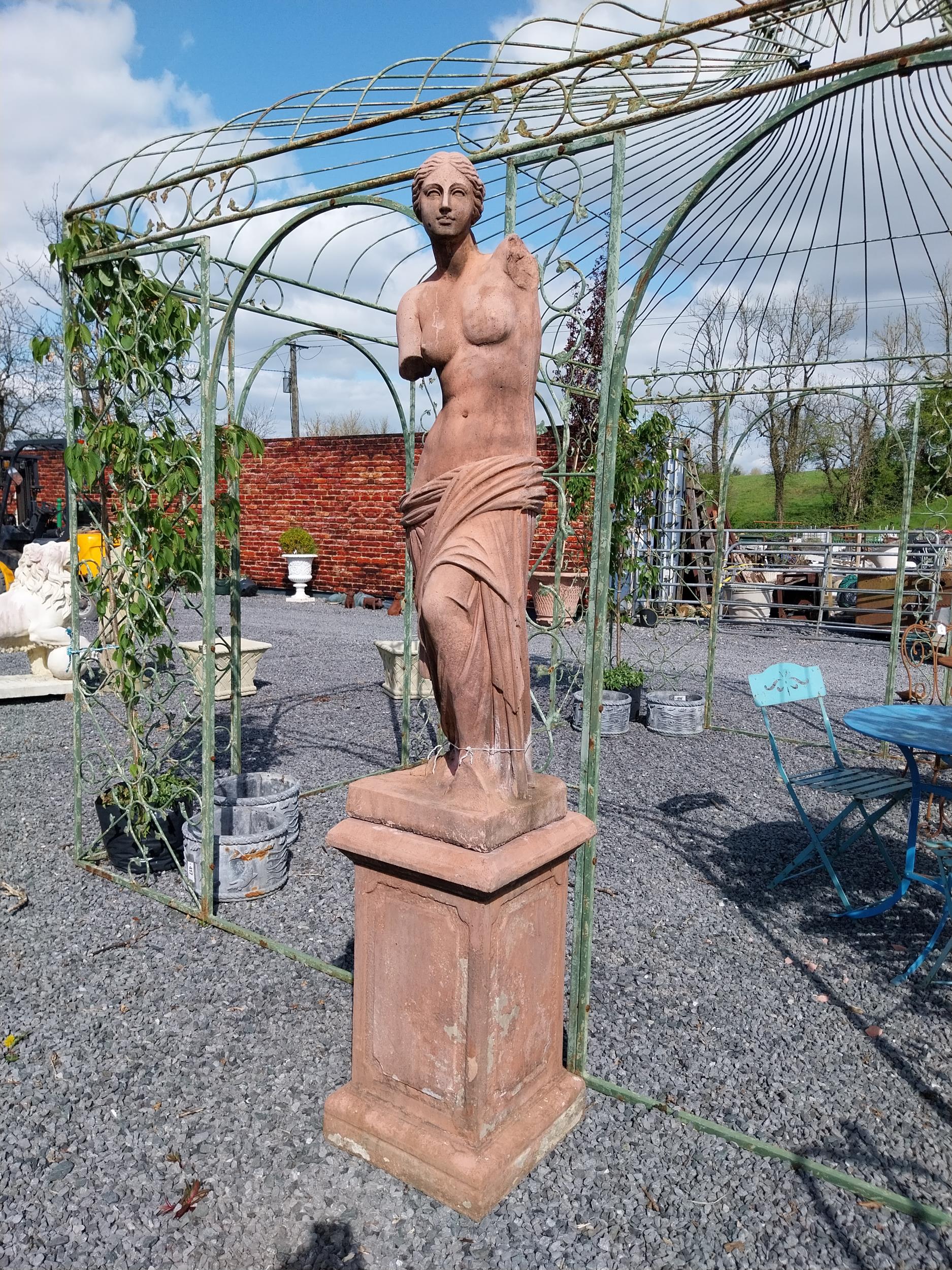 Moulded terracotta Venus de Milo statue raised on pedestal {200 cm H x 47 cm W x 47 cm D}. - Image 3 of 10