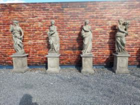 Good quality moulded sandstone Four Seasons statues raised on pedestals {189 cm H x 47 cm W x 47