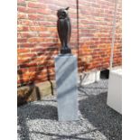 Exceptional quality contemporary bronze sculpture of an Owl raised on slate pedestal {Overall
