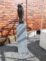 Exceptional quality contemporary bronze sculpture of an Owl raised on slate pedestal {Overall