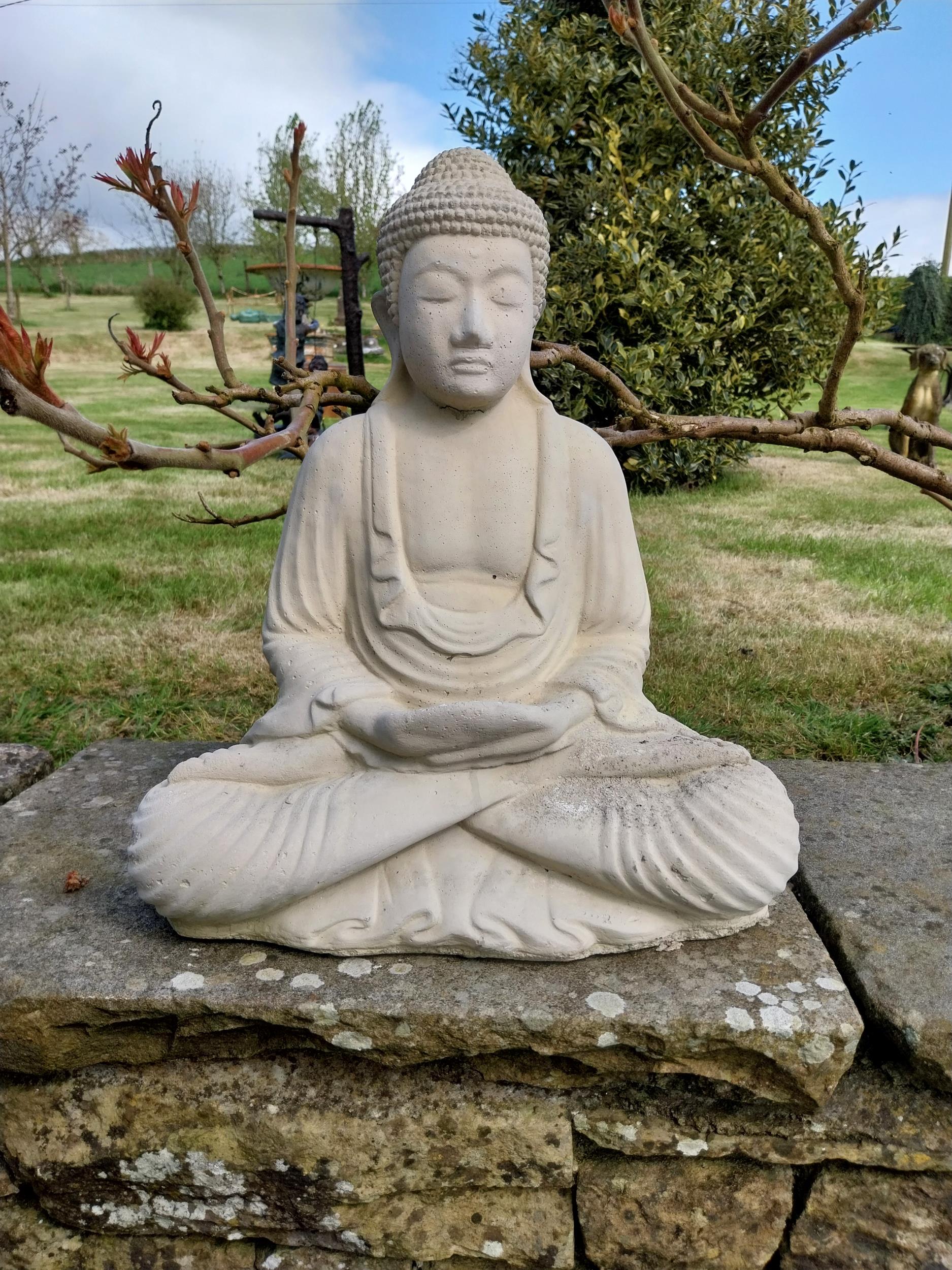 Good quality moulded sandstone Buddha statue {50 cm H x 43 cm W x 25 cm D}.