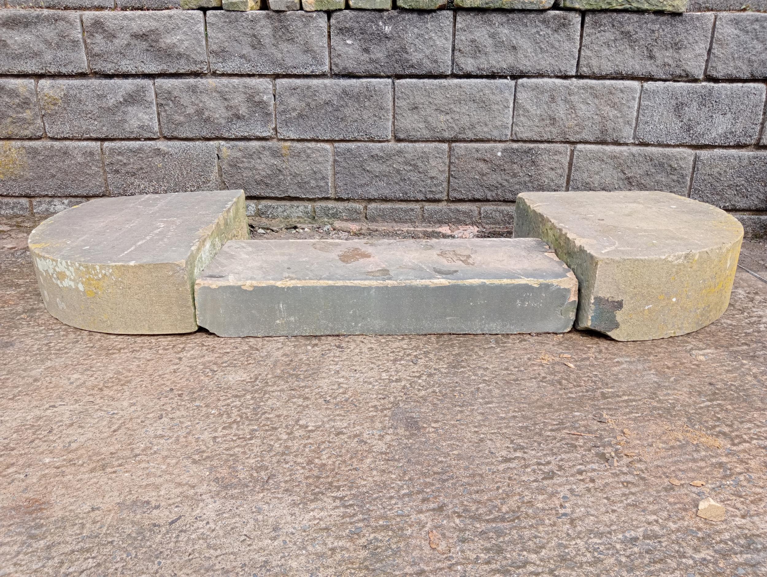 Victorian sandstone door set comprising of central step and two semi - circle kneeler plinths {H
