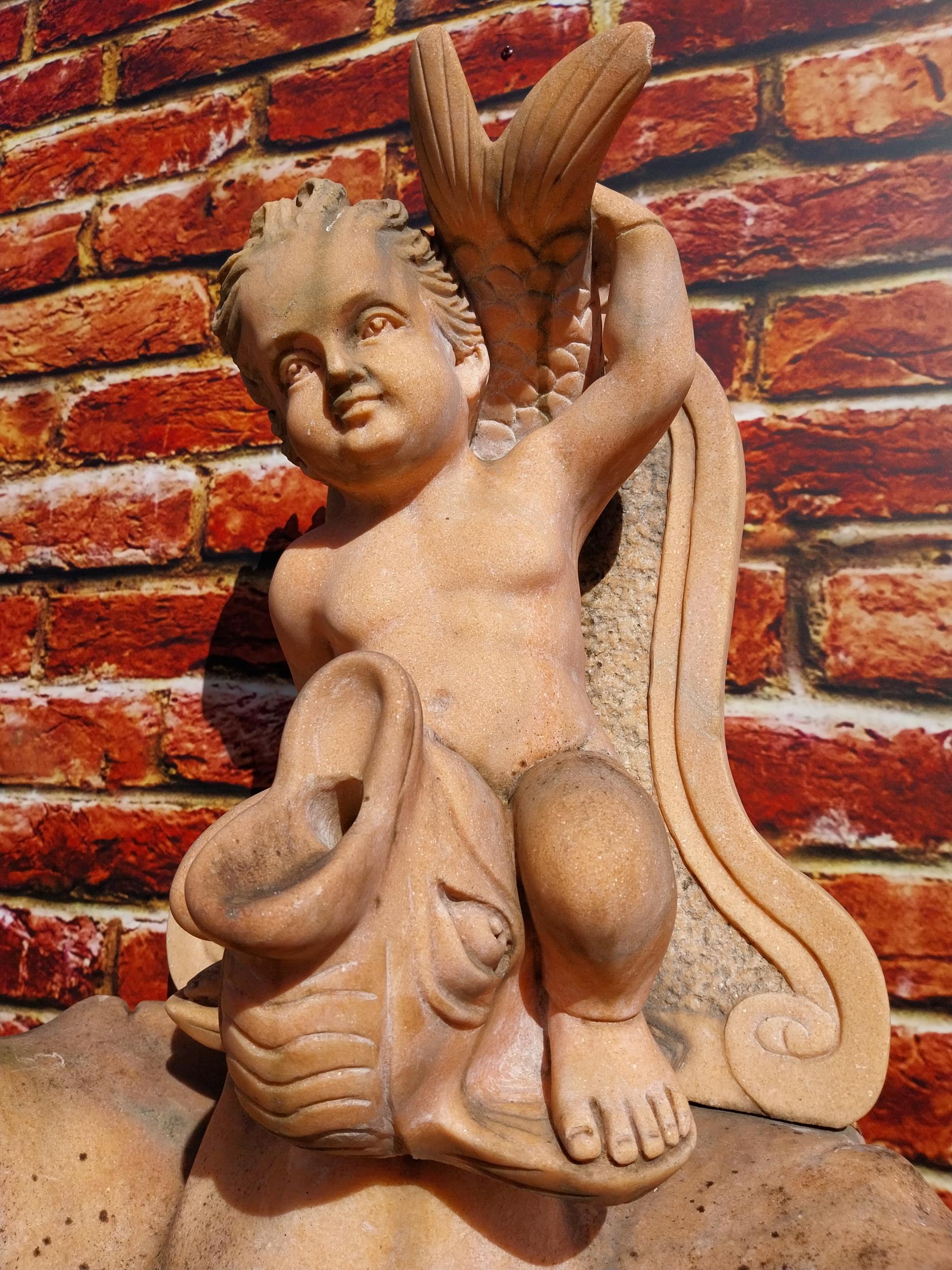Pink marble wall fountain decorated with fish and boy {137 cm H x 70 cm W}. (NOT AVAILABLE TO VIEW - Image 5 of 9