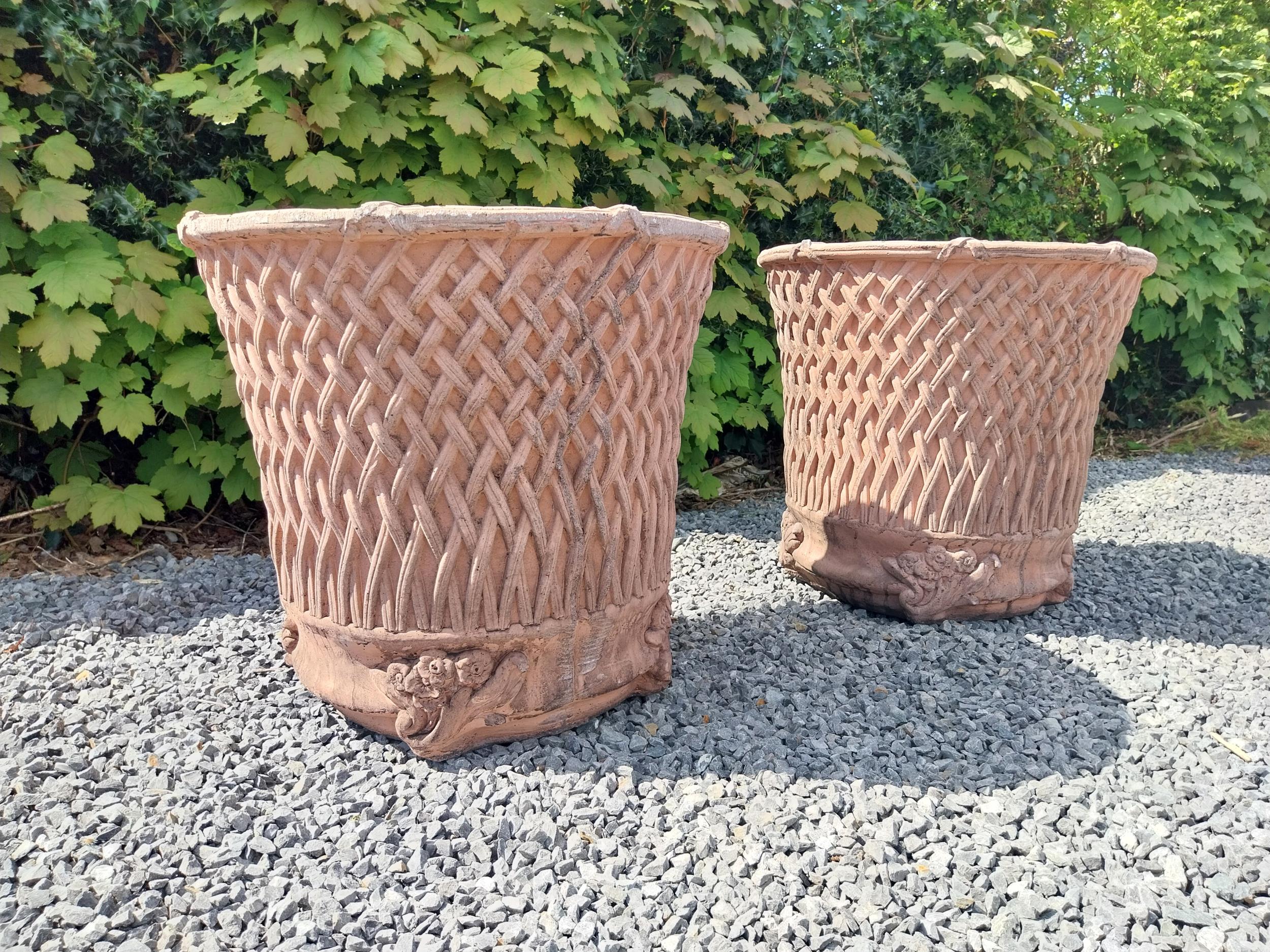 Pair of moulded terracotta circular lattice urns {53 cm H x 54 cm Dia.}. - Image 3 of 6