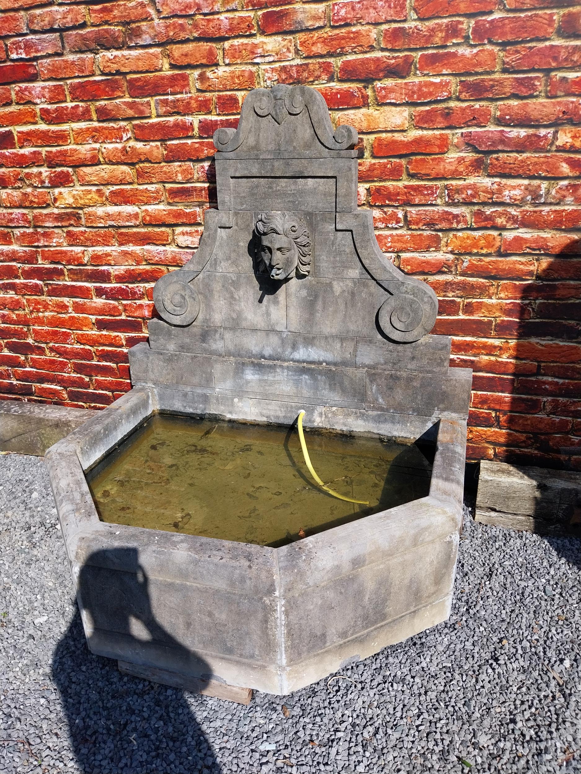 Hand carved limestone wall fountain decorated with Ladies mask {172 cm H x 156 cm W x 127 cm D}. - Image 4 of 6