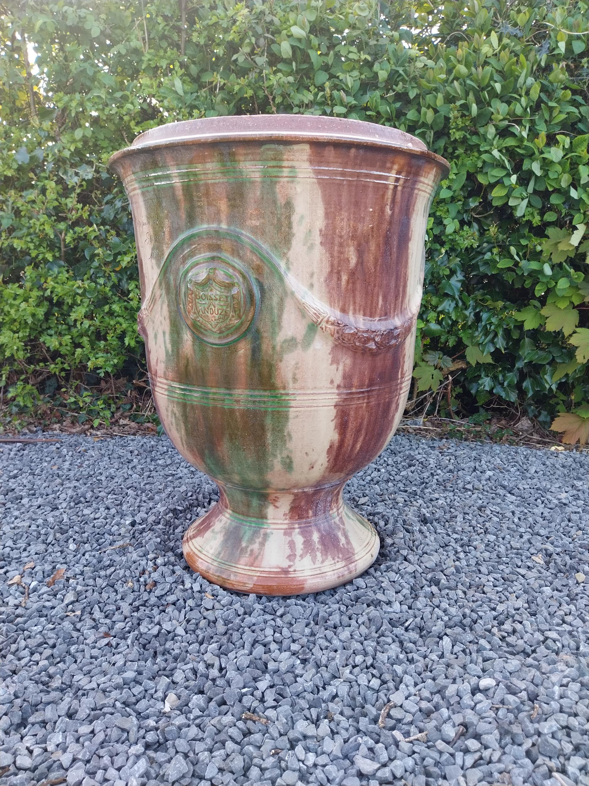 Good quality glazed terracotta Boisset Anduze urn signed (1992) {72 cm H x 56 cm Dia.}.