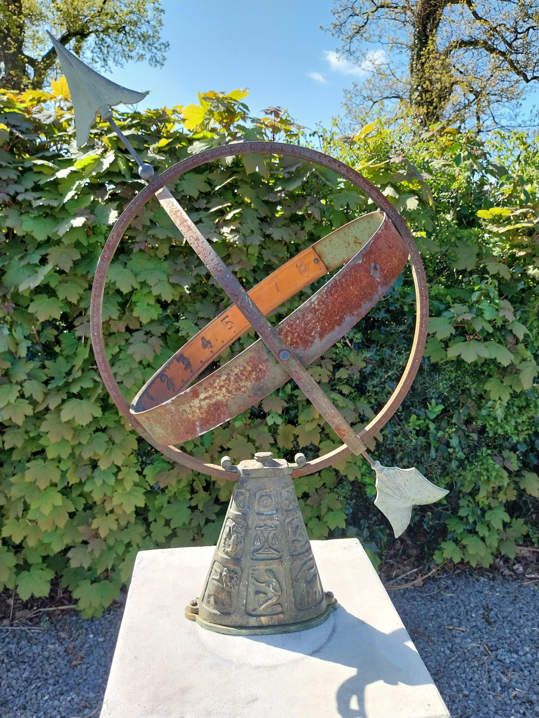 Copper and metal Armorial sundial raised on moulded sandstone pedestal {158 cm H x 40 cm W x 40 cm - Image 9 of 10