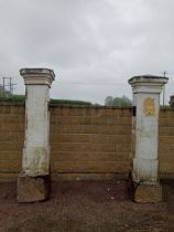 Pair of large limestone pillars with pillar caps {H 255cm x W 50cm x D 50cm Caps 65 x 65}.