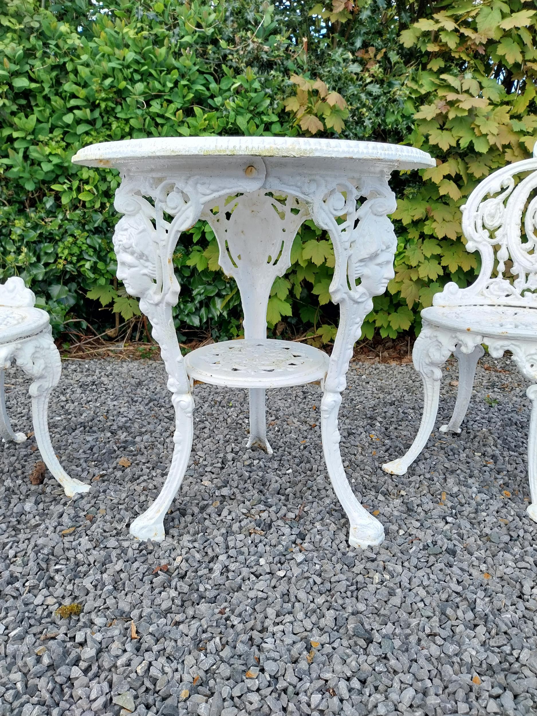 19th C. cast iron garden table with two matching chairs {Tbl. 68 cm H x 59 cm Dia. and Chairs 83 - Image 4 of 11