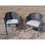 Pair of garden chairs with cushions {H 76cm x W 55cm x D 60 cm}. (NOT AVAILABLE TO VIEW IN PERSON)