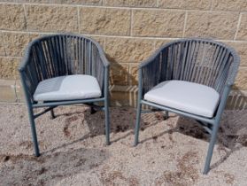 Pair of garden chairs with cushions {H 76cm x W 55cm x D 60 cm}. (NOT AVAILABLE TO VIEW IN PERSON)