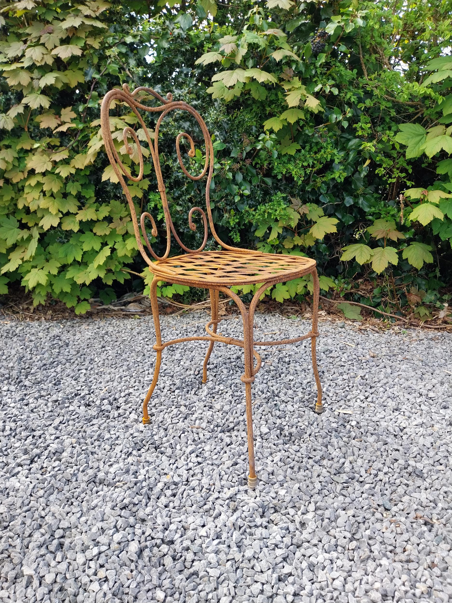 Wrought iron café - garden circular table with two matching chairs {Tbl. 75 cm H x 70 cm Dia. Chairs - Image 7 of 10