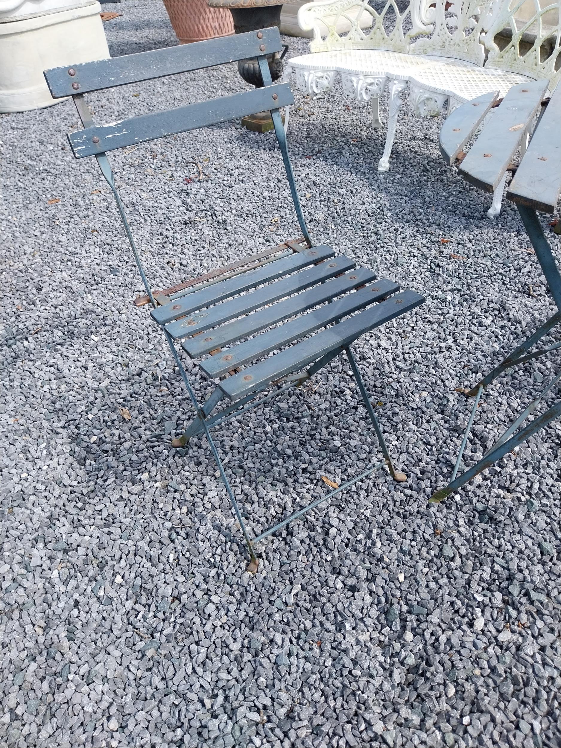 Wooden and metal garden table with two matching chairs {Tbl. 71 cm H x 60 cm Dia. and Chairs 80 cm H - Image 3 of 4