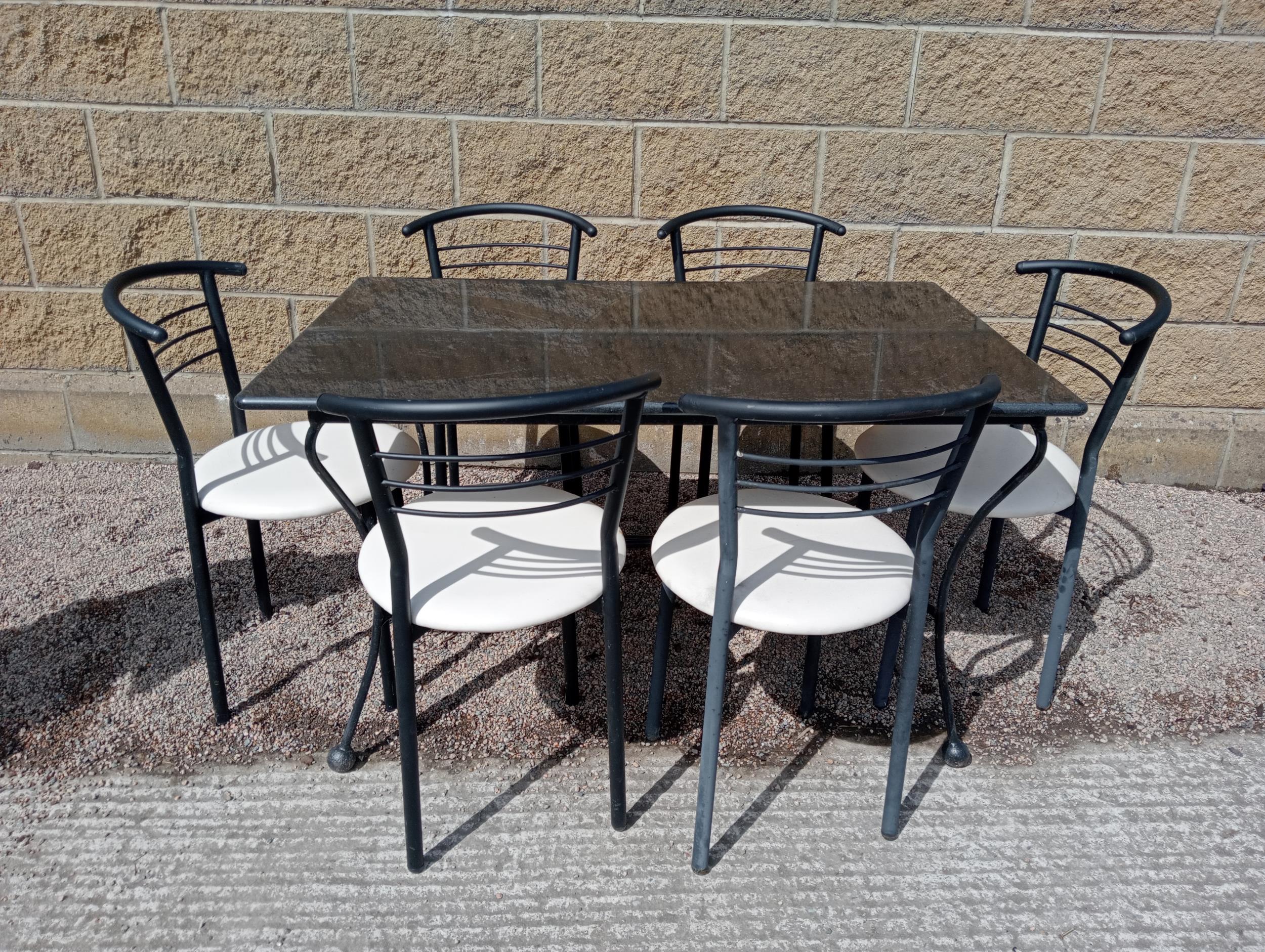 Cast iron table with marble top and six metal chairs with leather seats {Table H 72cm x W 120cm x