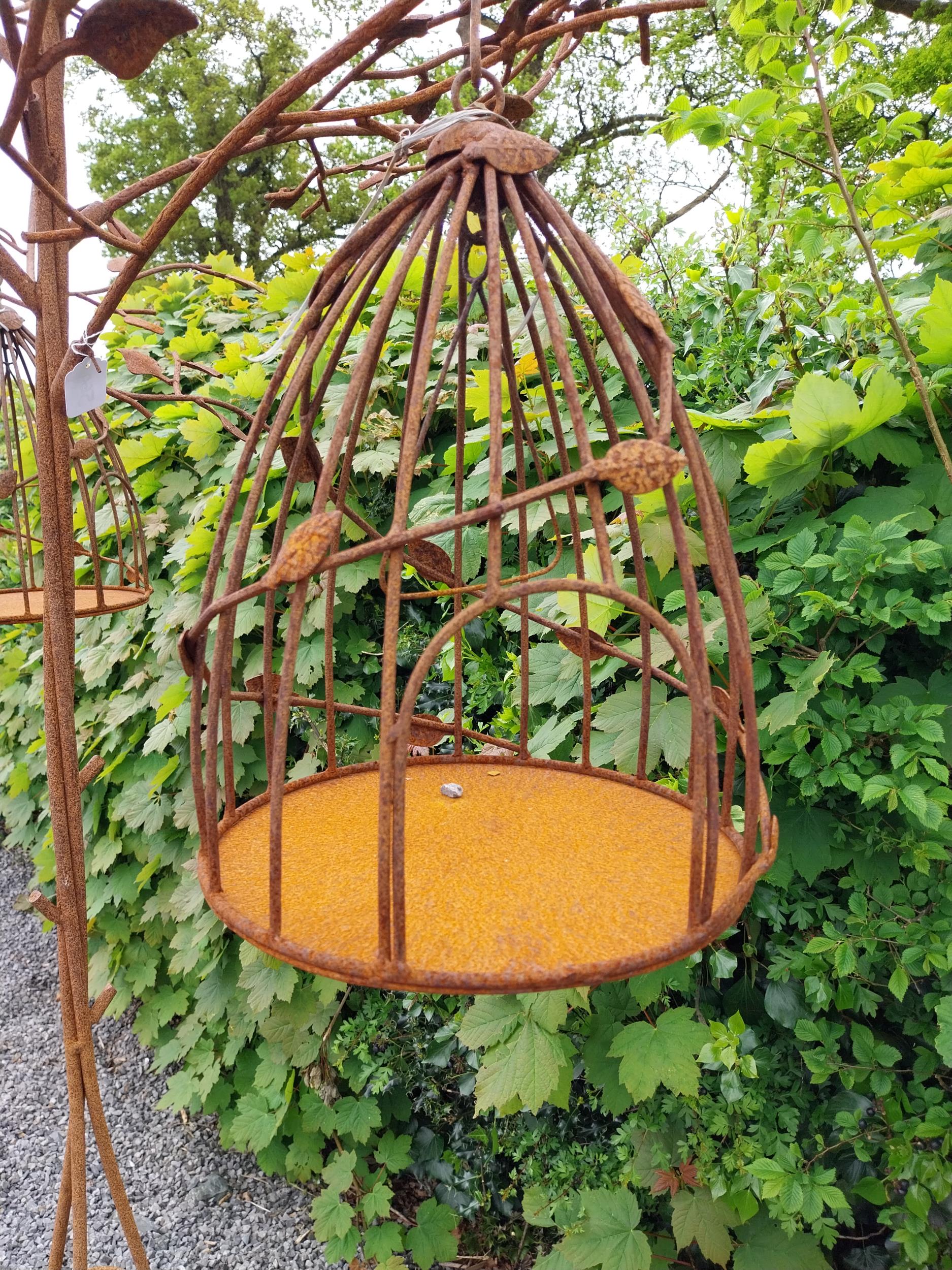 Decorative wrought iron bird feeder in the form of a tree and two hanging bird cages {224 cm H x 135 - Image 6 of 12