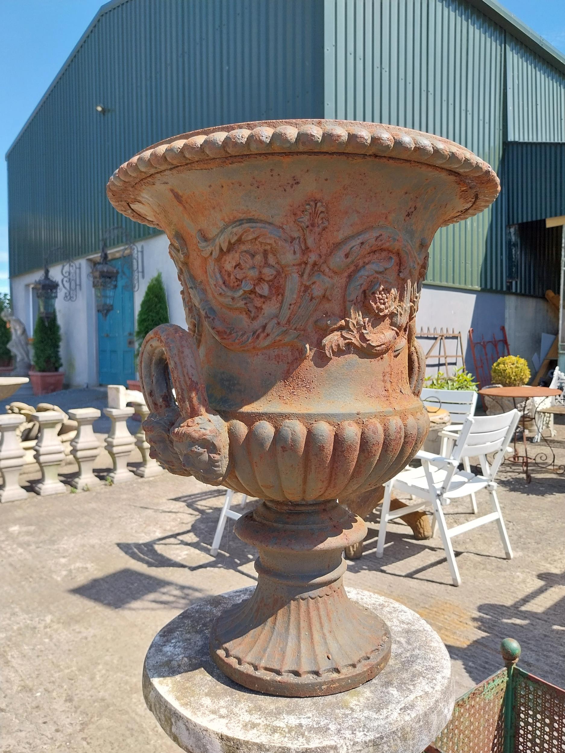 Decorative French cast iron urn raised on moulded stone pedestal {144 cm H x 47 cm Dia.}. - Image 2 of 4