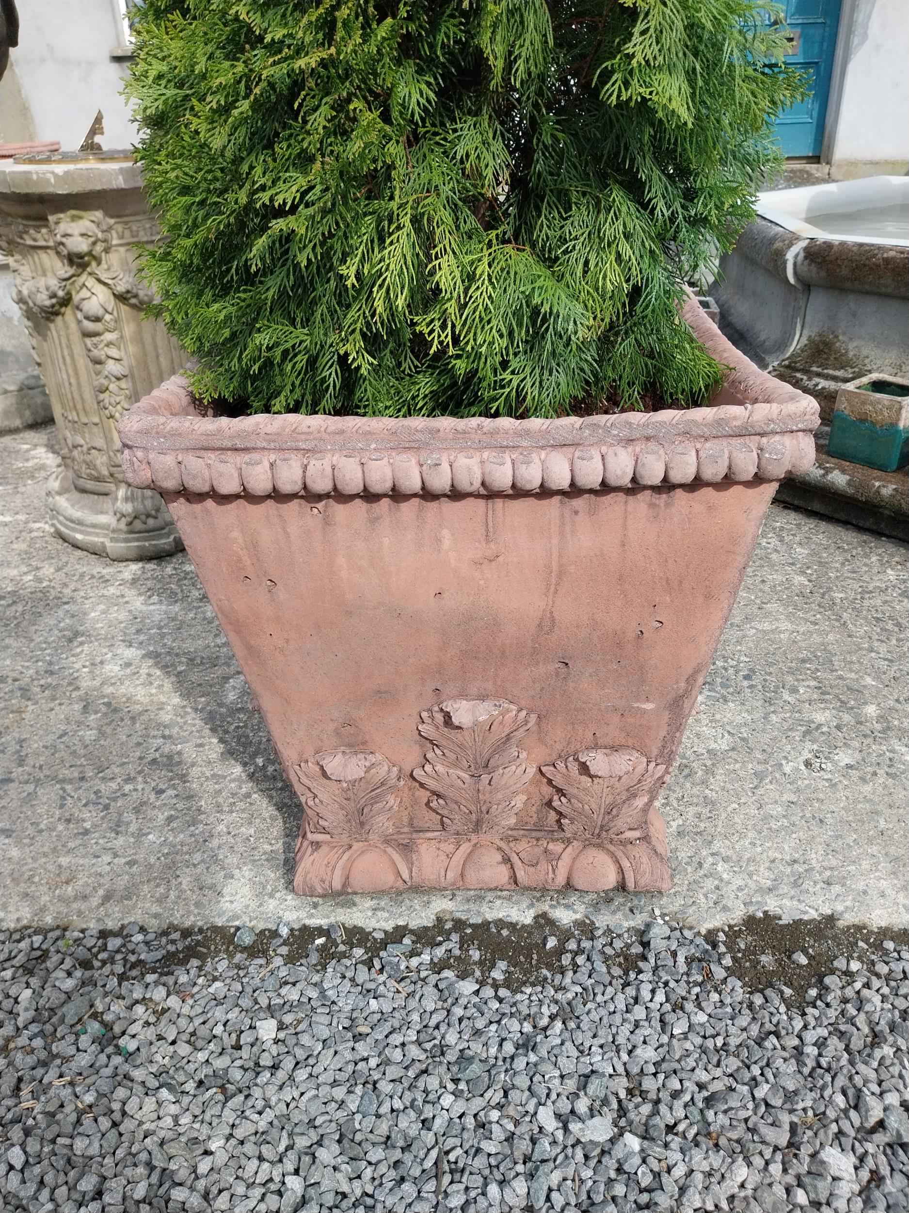 Pair of moulded terracotta urns decorated with acanthus leaf {62 cm H x 58 cm W x 58 cm D}. - Image 4 of 4