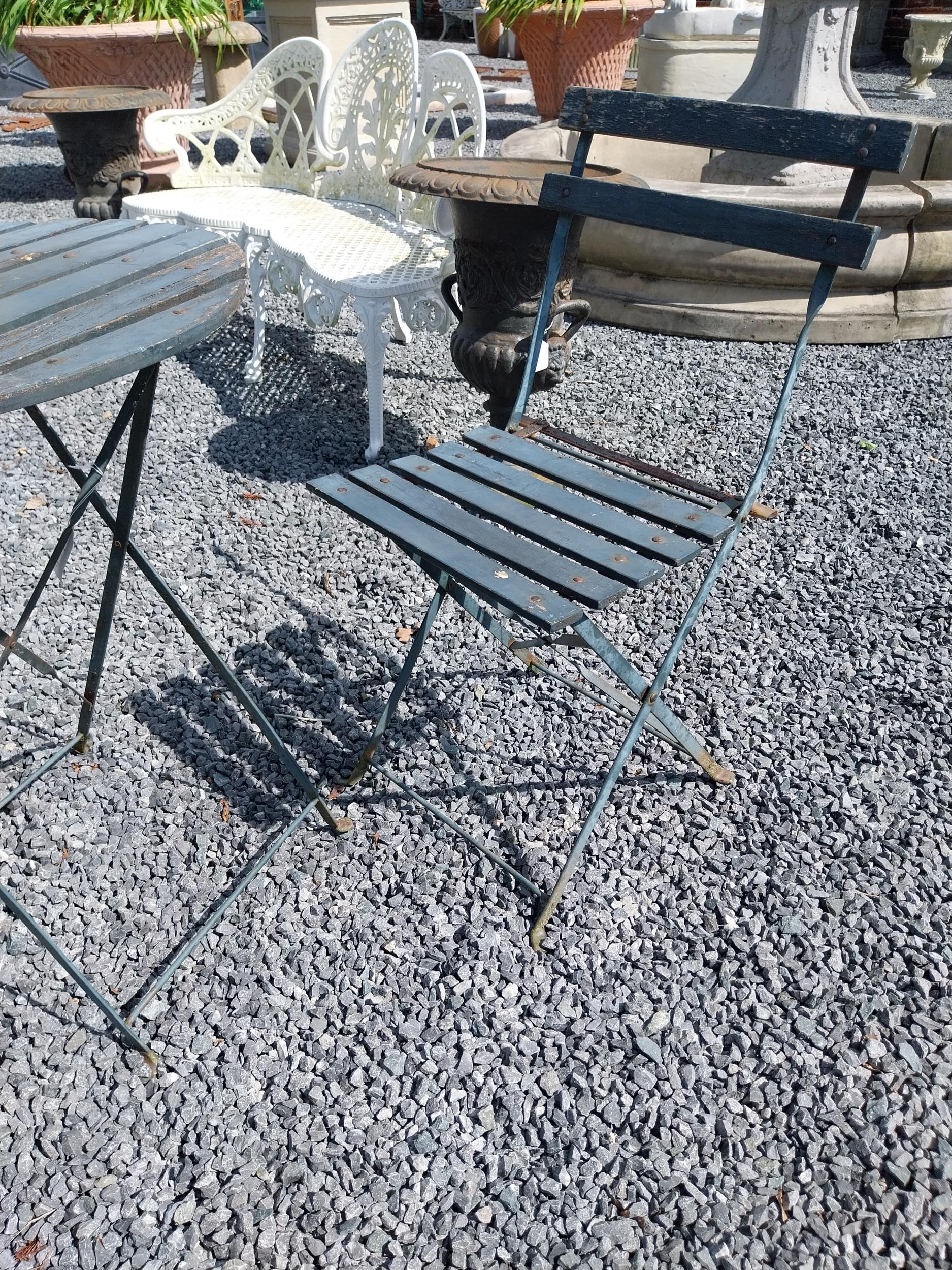 Wooden and metal garden table with two matching chairs {Tbl. 71 cm H x 60 cm Dia. and Chairs 80 cm H - Image 2 of 4