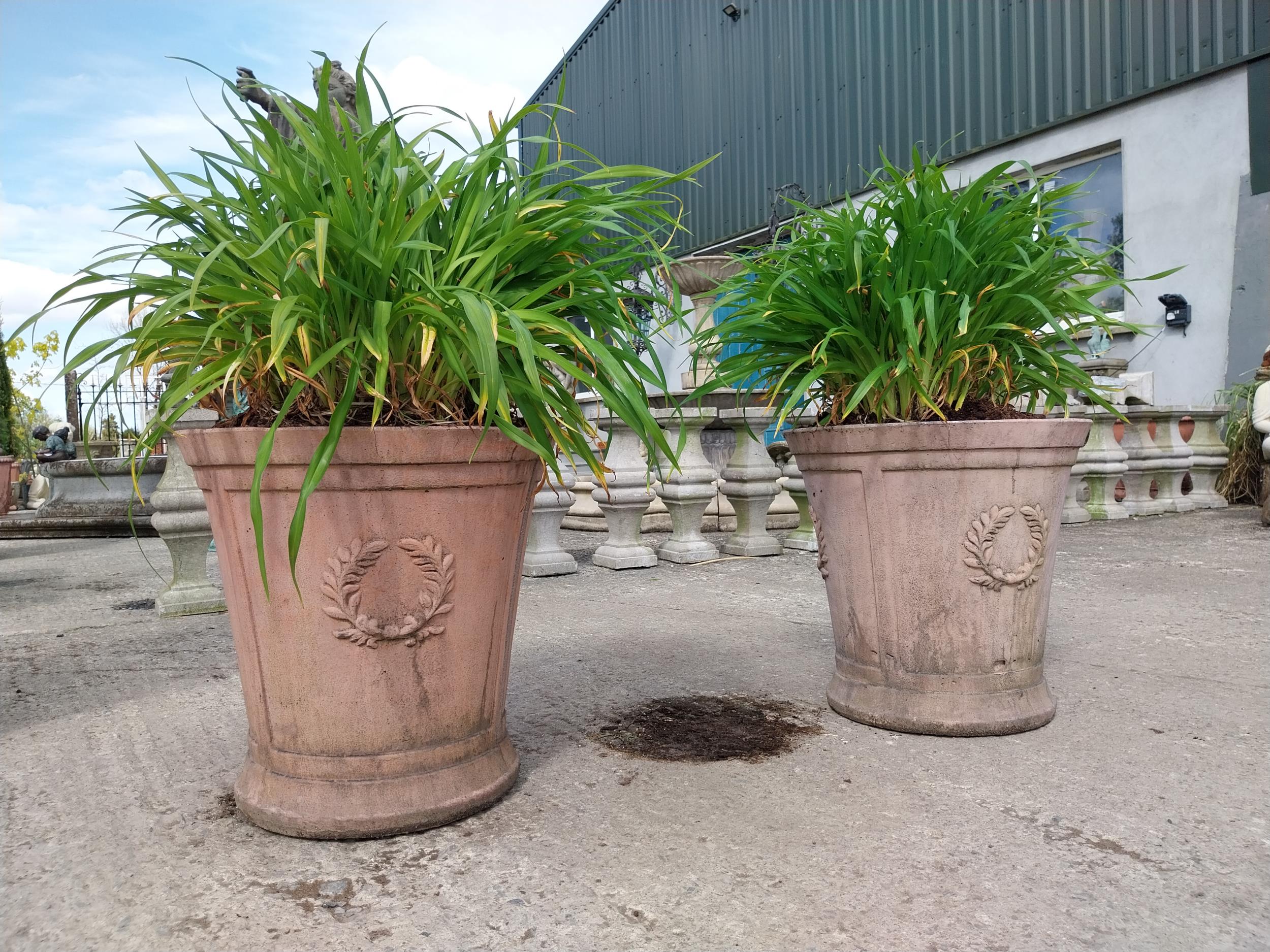 Pair of moulded terracotta planters decorated with rosettes {51 cm H x 50 cm Dia.}.