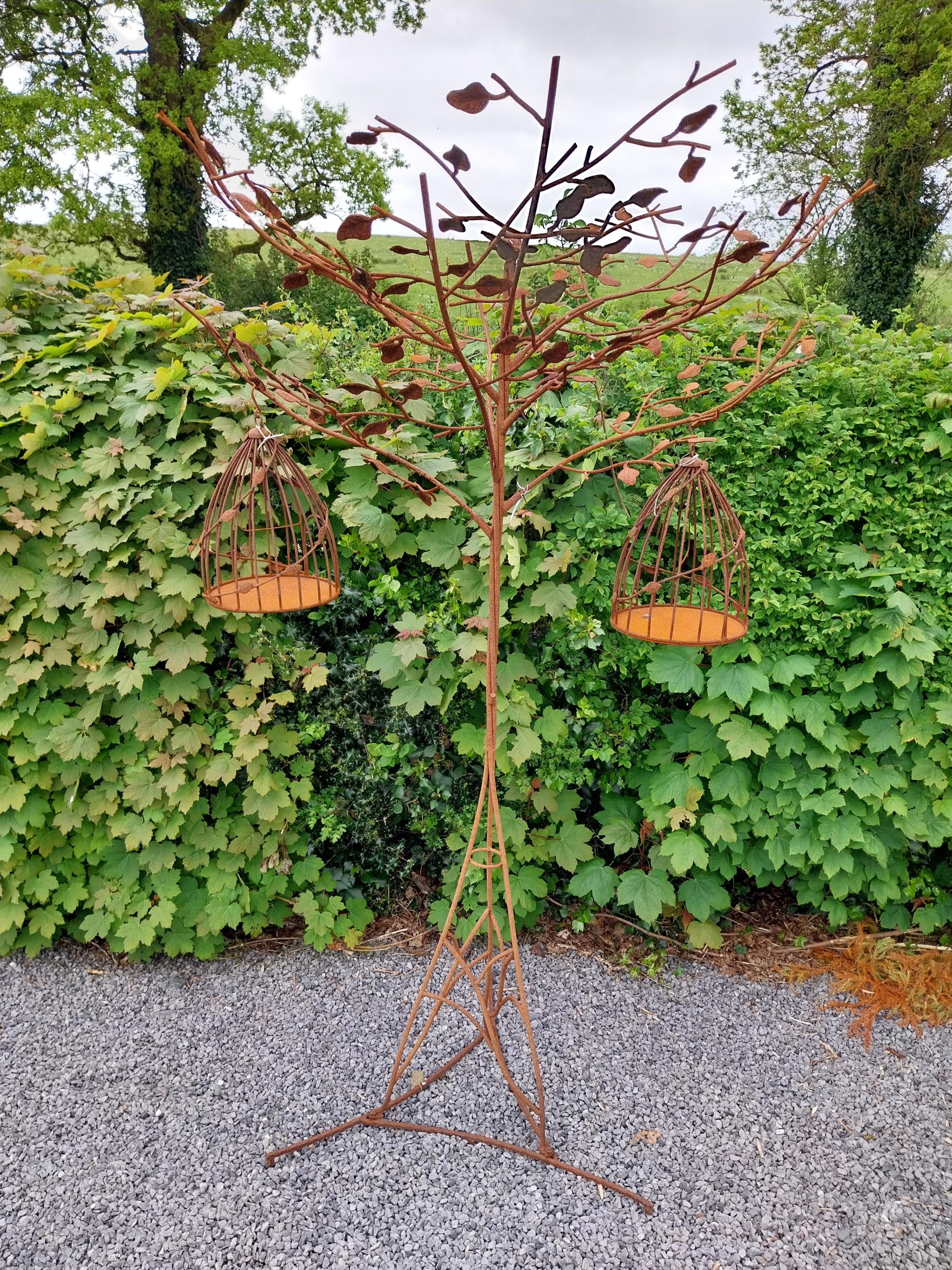 Decorative wrought iron bird feeder in the form of a tree and two hanging bird cages {224 cm H x 135 - Image 12 of 12