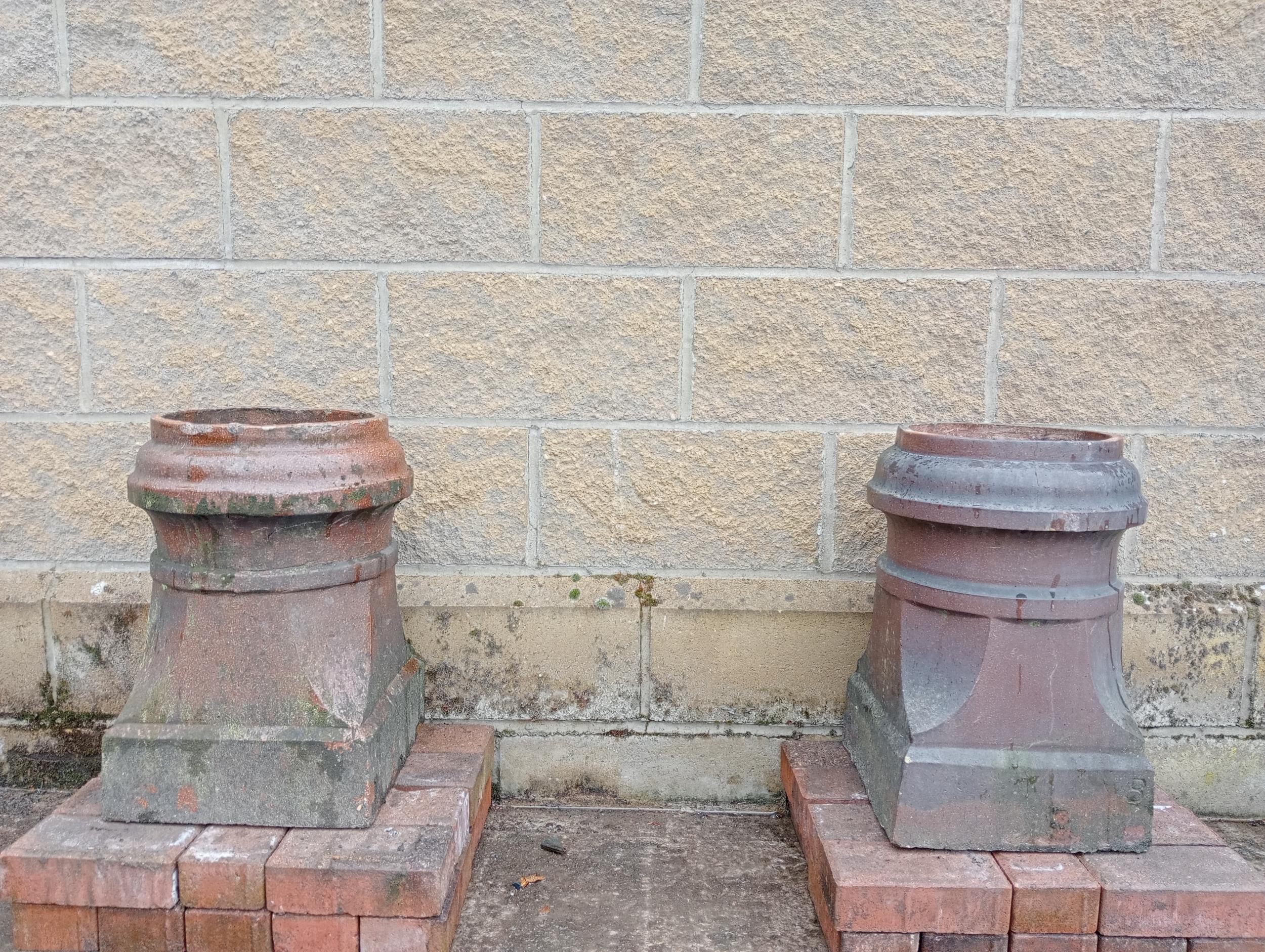 Pair of salt glazed chimney pots {H 50cm x W 33cm x D 33cm }. (NOT AVAILABLE TO VIEW IN PERSON)