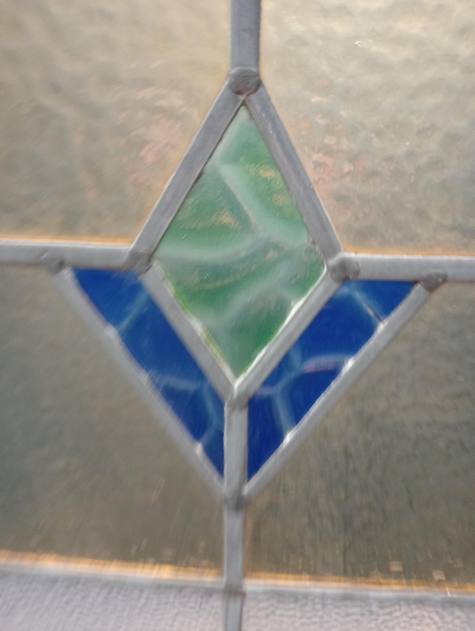 Leaded stain glass window with blue and green centre {H 89cm x W 64cm }. (NOT AVAILABLE TO VIEW IN - Image 2 of 3