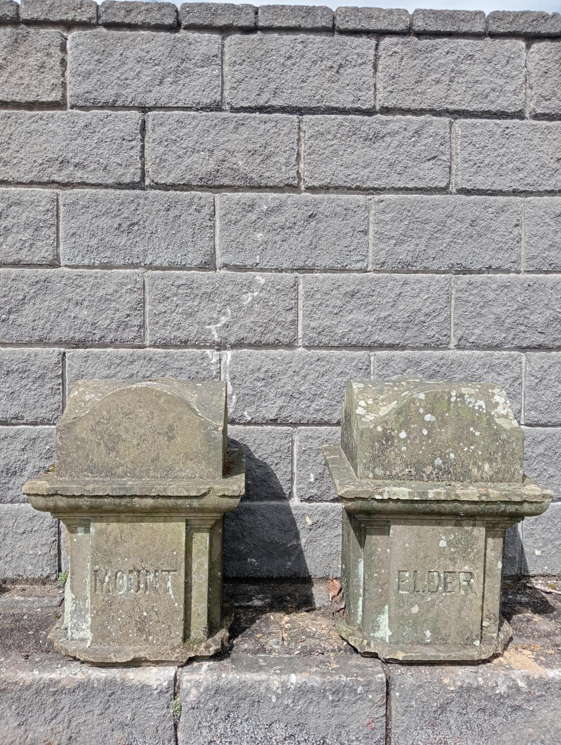 Pair of large stone pier caps inscribed Mount Elder {H 60cm x W 45cm x D 45cm }. (NOT AVAILABLE TO