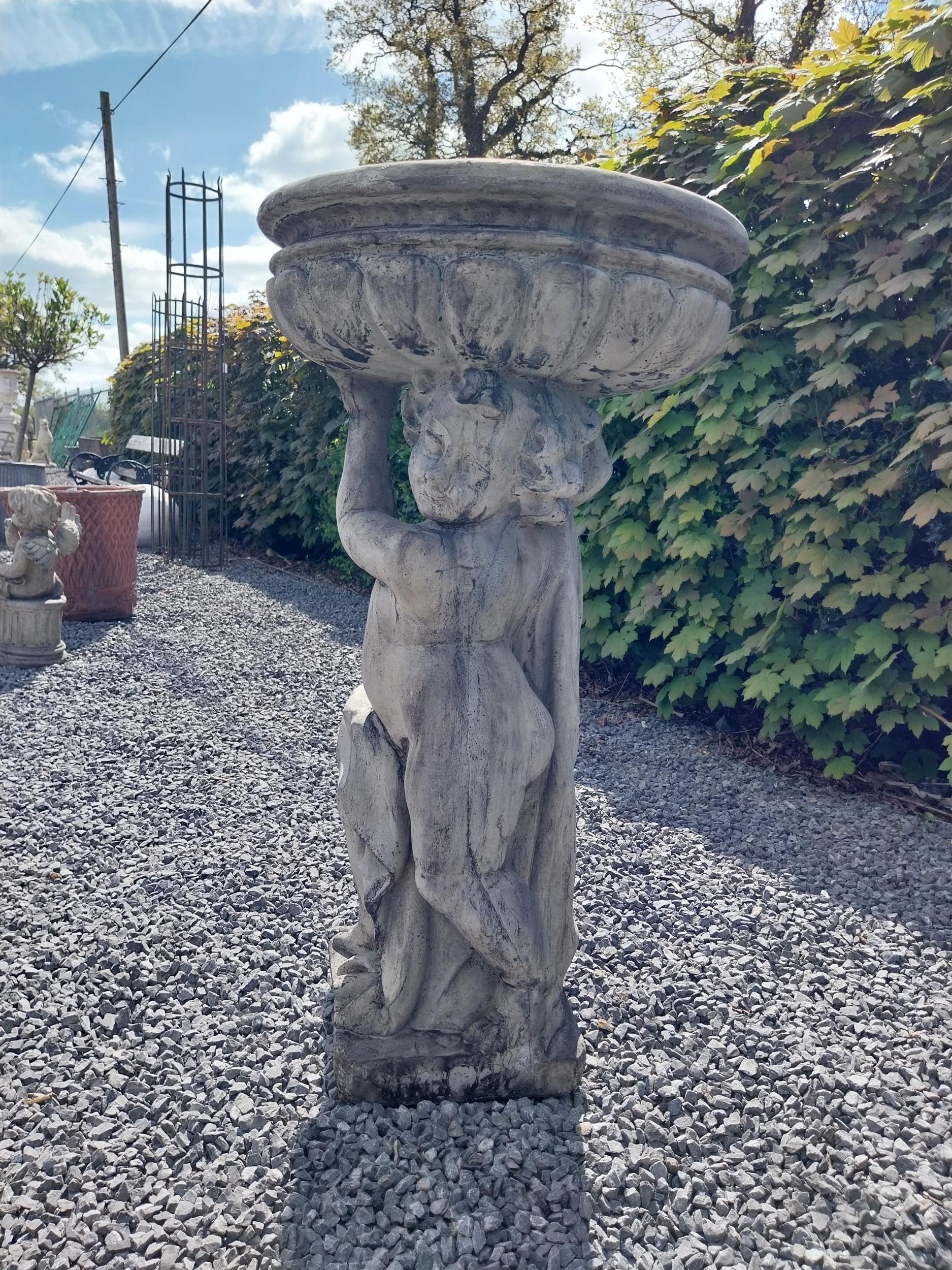 Moulded stone bird bath held of loft by Cherub {91 cm H x 49 cm Dia.}. - Image 9 of 9