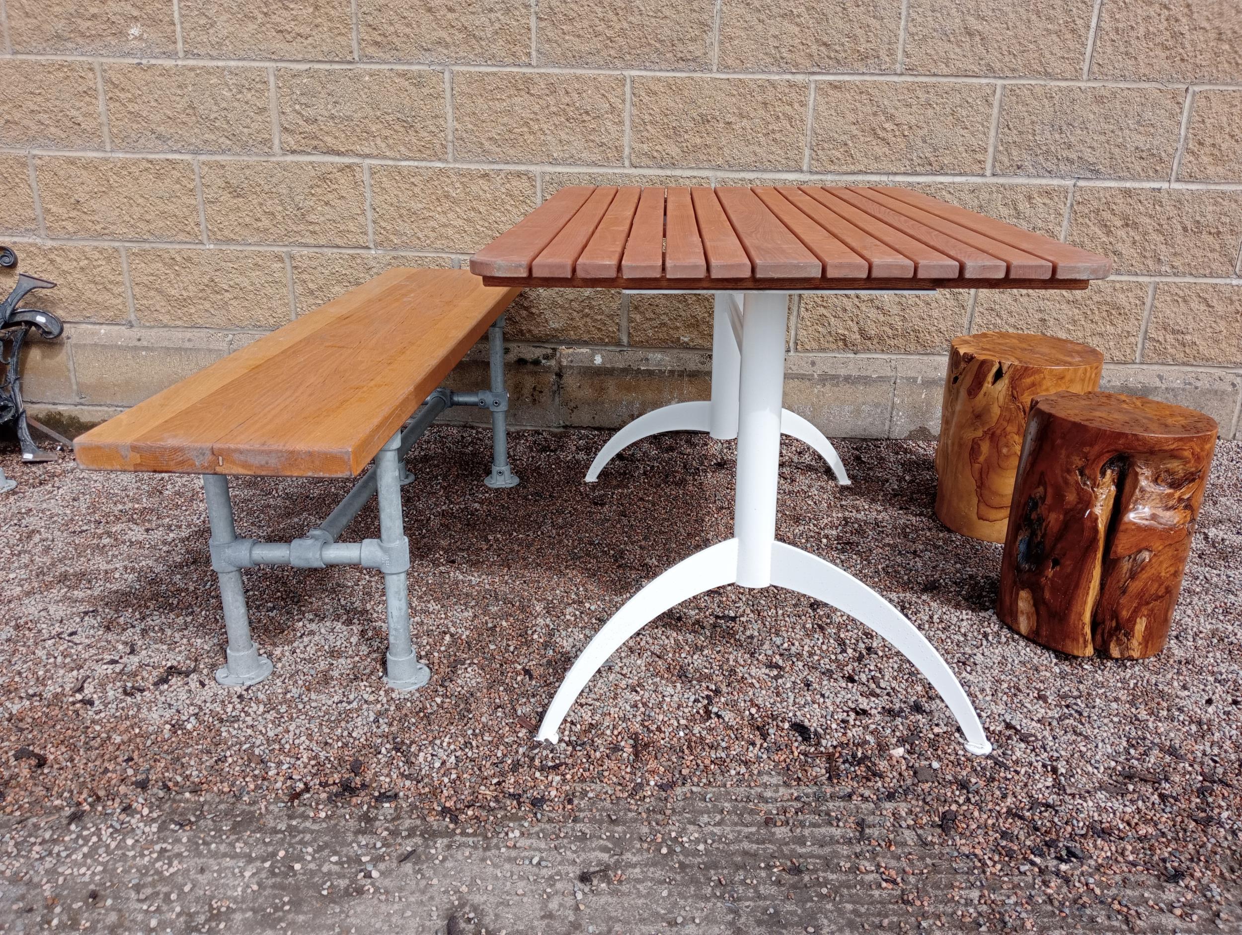 Cast iron table with bench and two low midi wood stools rounded edge top {Table H 72cm x W 120cm x D - Image 2 of 3