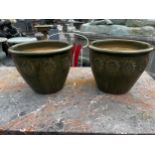 Pair of green glazed terracotta planters {23cm H x 30cm Dia.}