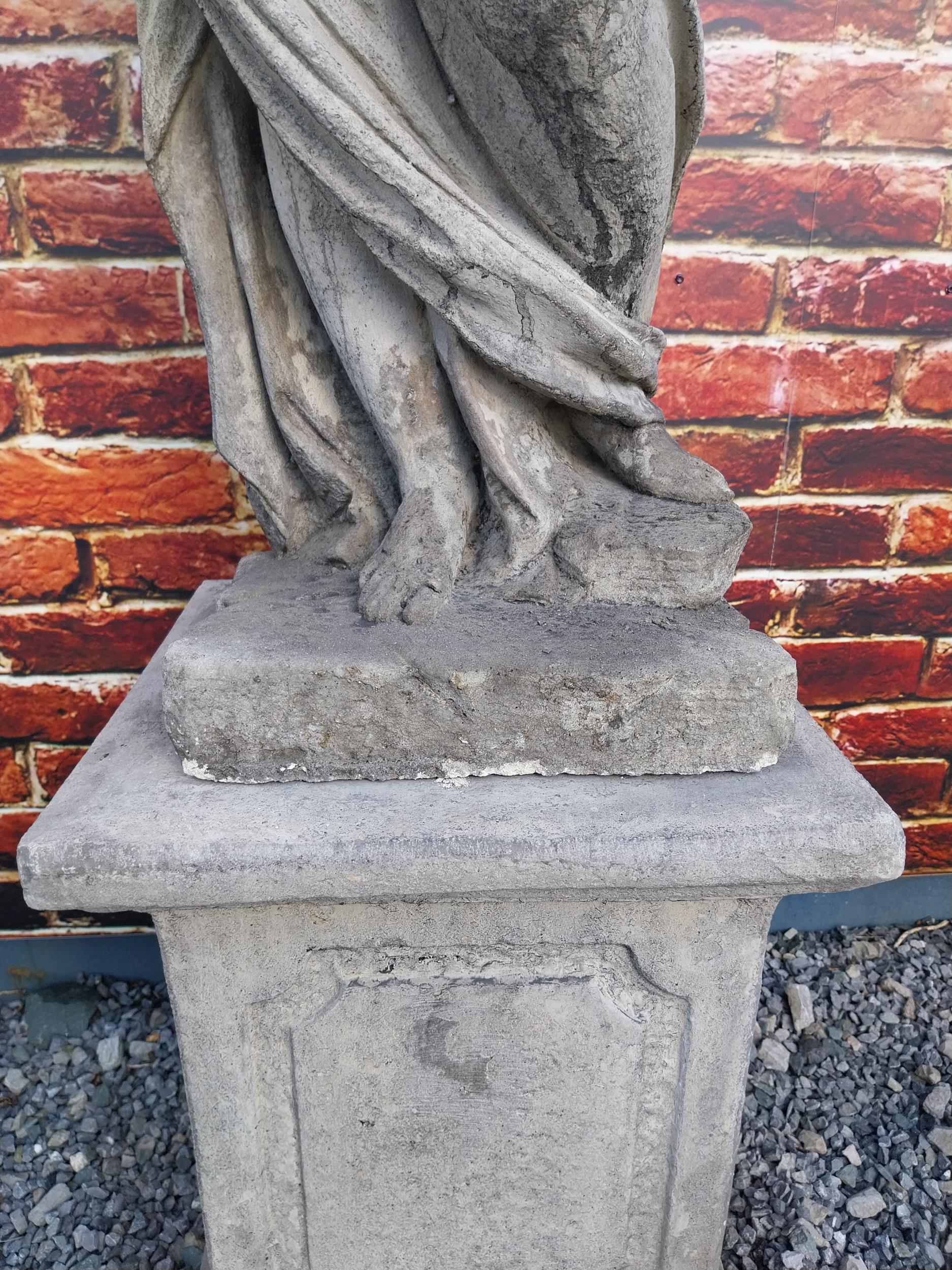 Good quality moulded sandstone Four Seasons statues raised on pedestals {189 cm H x 47 cm W x 47 - Image 7 of 26