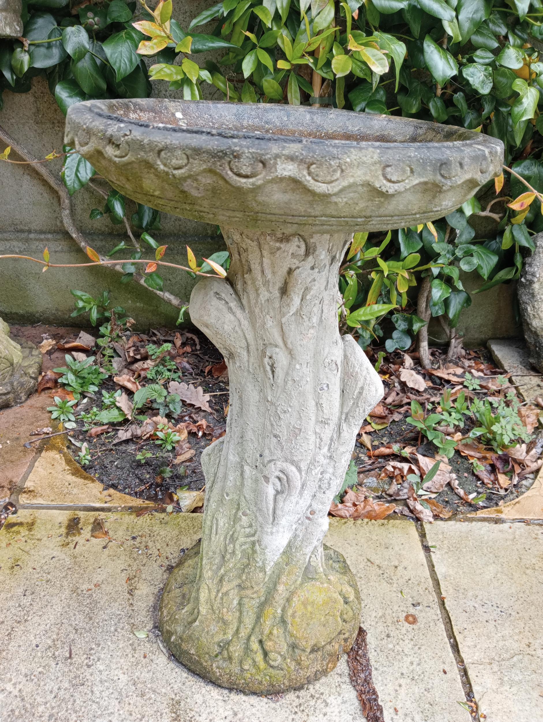 Composition stone tree trunk circular bird bath {H 57cm x Dia 35cm }. (NOT AVAILABLE TO VIEW IN