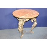 Bronze circular garden table with marble round top raised on three decorative Angel legs - marble