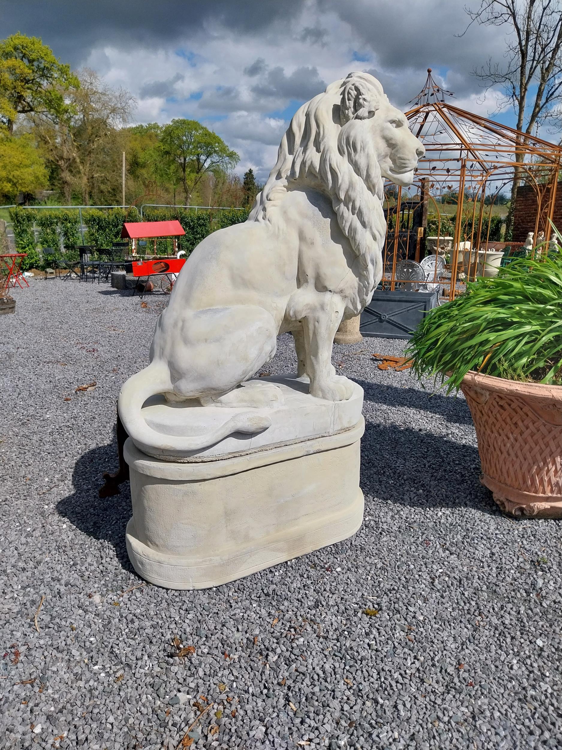 Pair of good quality moulded stone statues of seated Lions raised on pedestals {185 cm H x 123 cm - Image 5 of 16