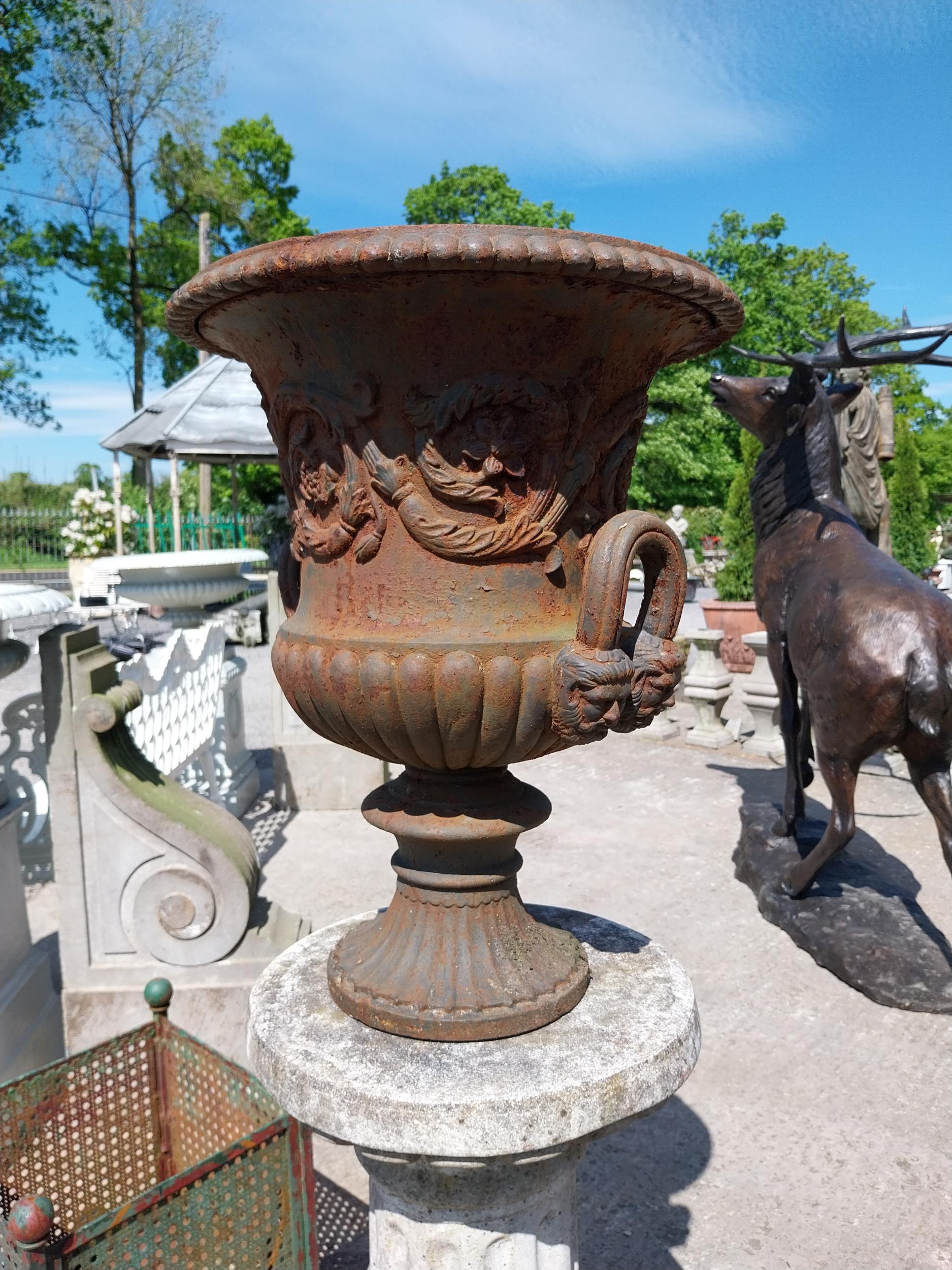 Decorative French cast iron urn raised on moulded stone pedestal {144 cm H x 47 cm Dia.}. - Image 3 of 4