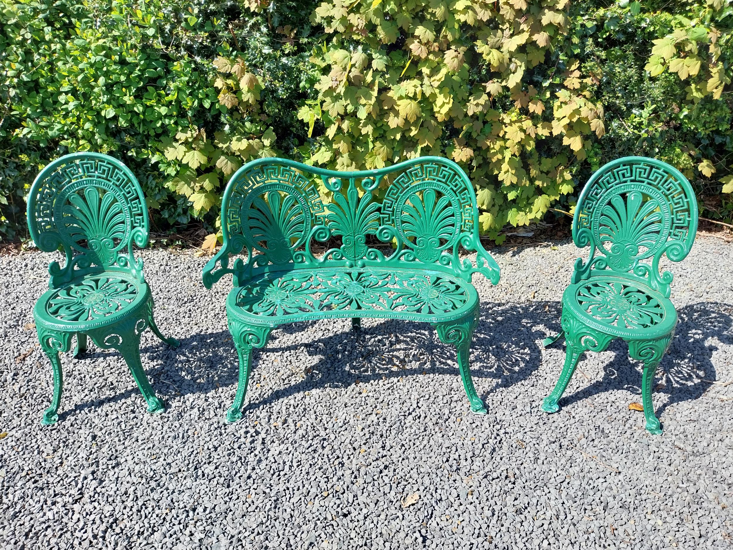 Decorative painted aluminium garden bench and two matching chairs in the Coalbrookdale style { - Image 2 of 10